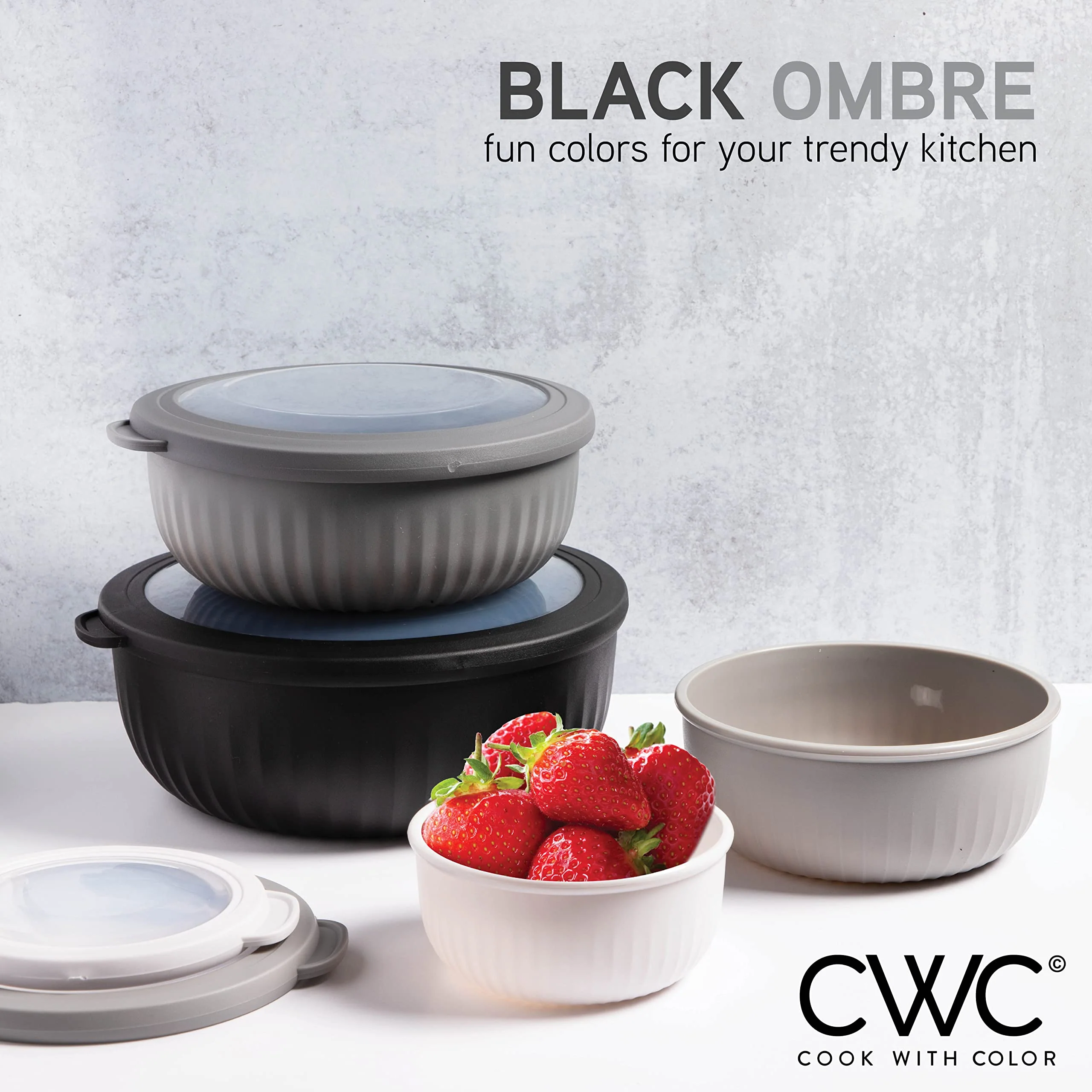 COOK WITH COLOR Prep Bowls with Lids- Wide and Deep Nesting Plastic Small Mixing Bowl Set with Lids, 8 Piece Set - Wide Bowls, Black/White - Image 6