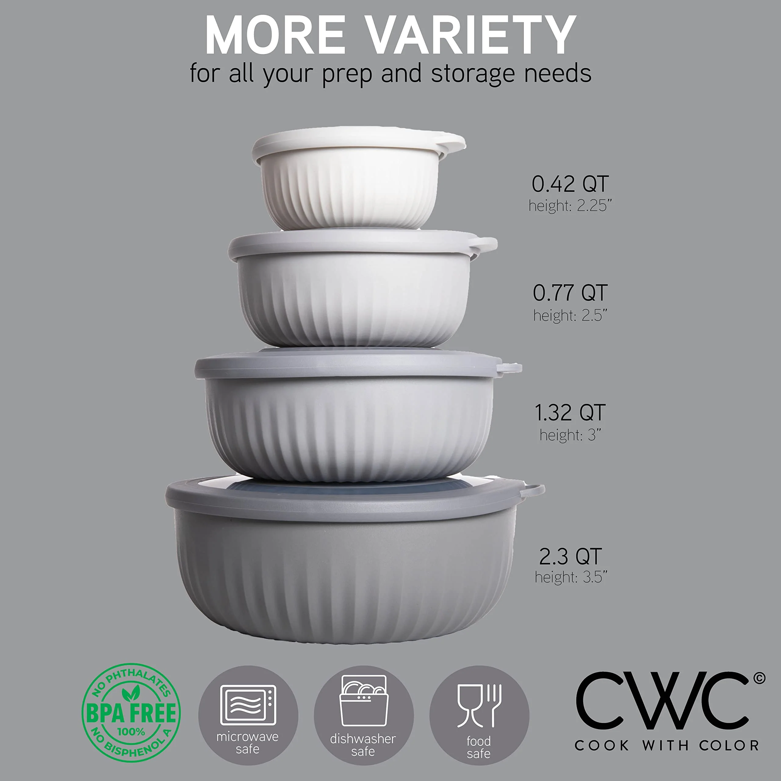 COOK WITH COLOR Prep Bowls with Lids- Wide and Deep Nesting Plastic Small Mixing Bowl Set with Lids, 8 Piece Set - Wide Bowls, Gray - Image 8