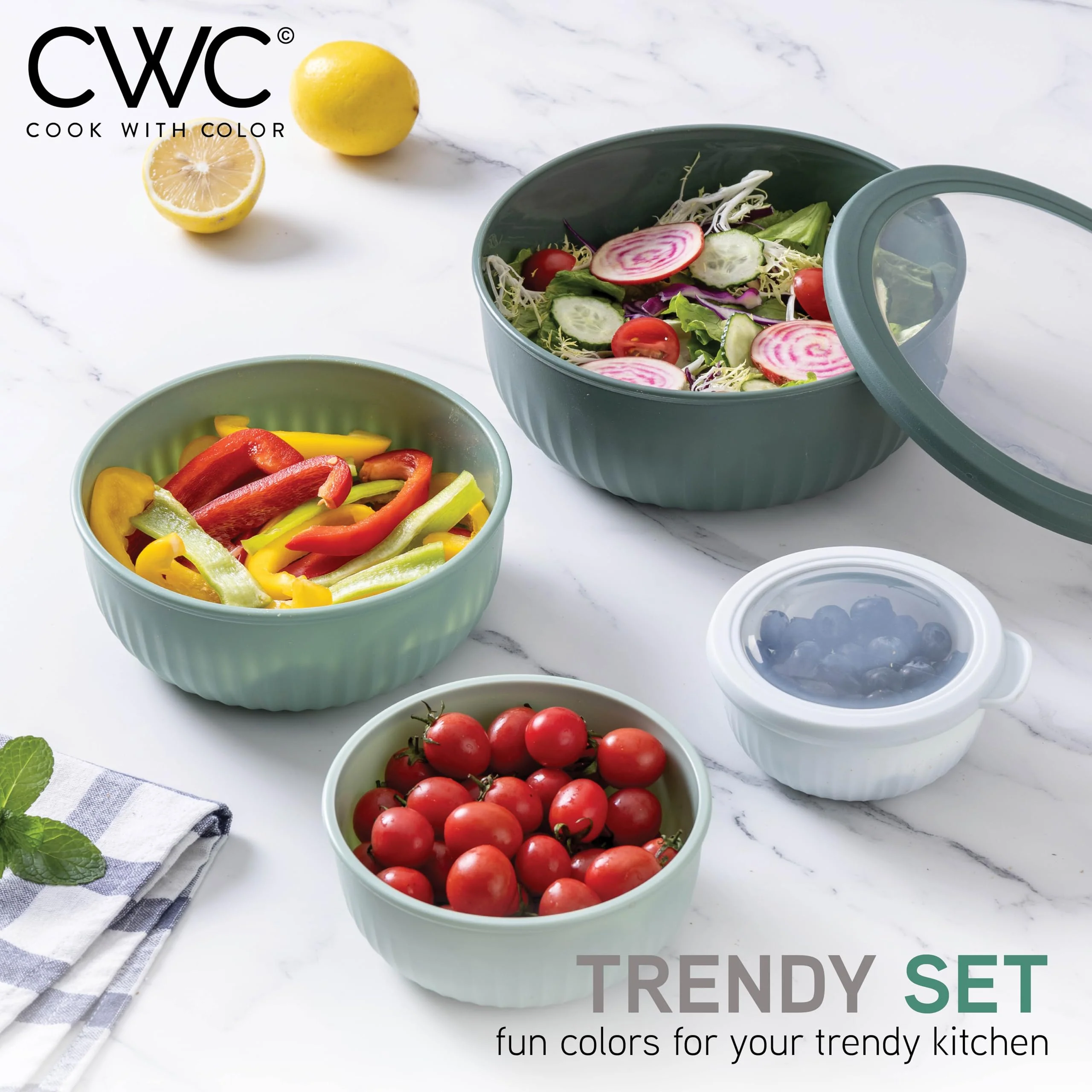 COOK WITH COLOR Prep Bowls with Lids- Wide and Deep Nesting Plastic Small Mixing Bowl Set with Lids, 8 Piece Set - Wide Bowls, Sage - Image 7