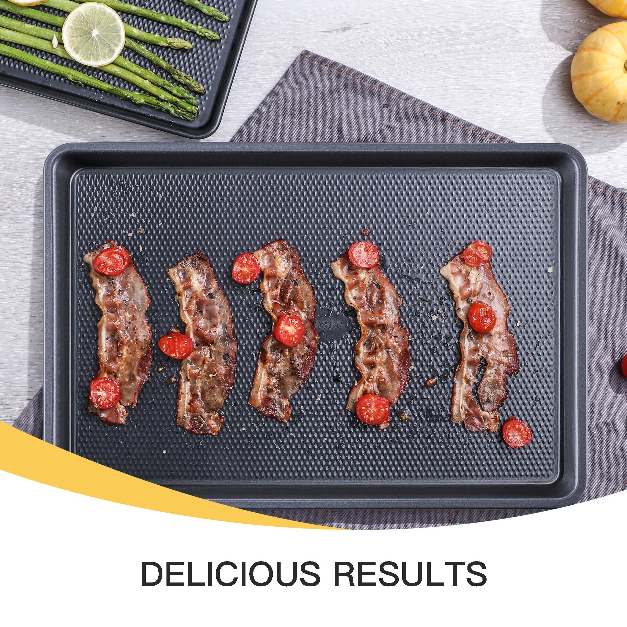 Cookie Sheets for Baking Nonstick - HONGBAKE Baking Sheet Pan Set of 3, Half/Quarter/Jelly Roll Pan for Oven with Diamond Texture Pattern, 57% Thicker Carbon Steel Cookie Trays, Dark Grey - Image 3