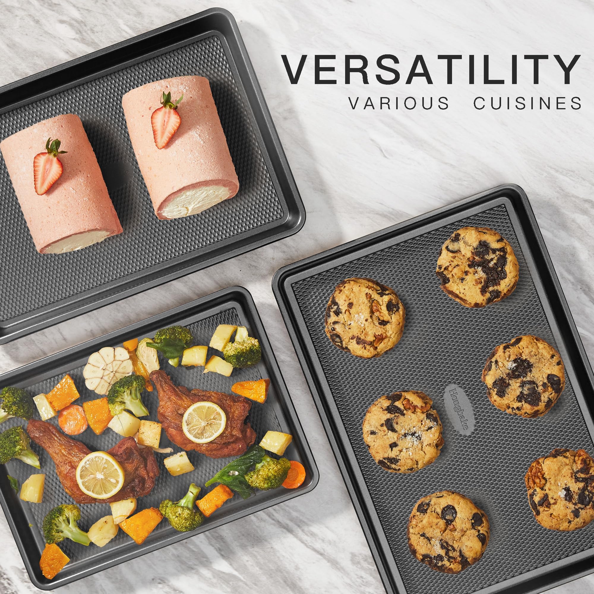 Cookie Sheets for Baking Nonstick - HONGBAKE Baking Sheet Pan Set of 3, Half/Quarter/Jelly Roll Pan for Oven with Diamond Texture Pattern, 57% Thicker Carbon Steel Cookie Trays, Dark Grey - Image 8