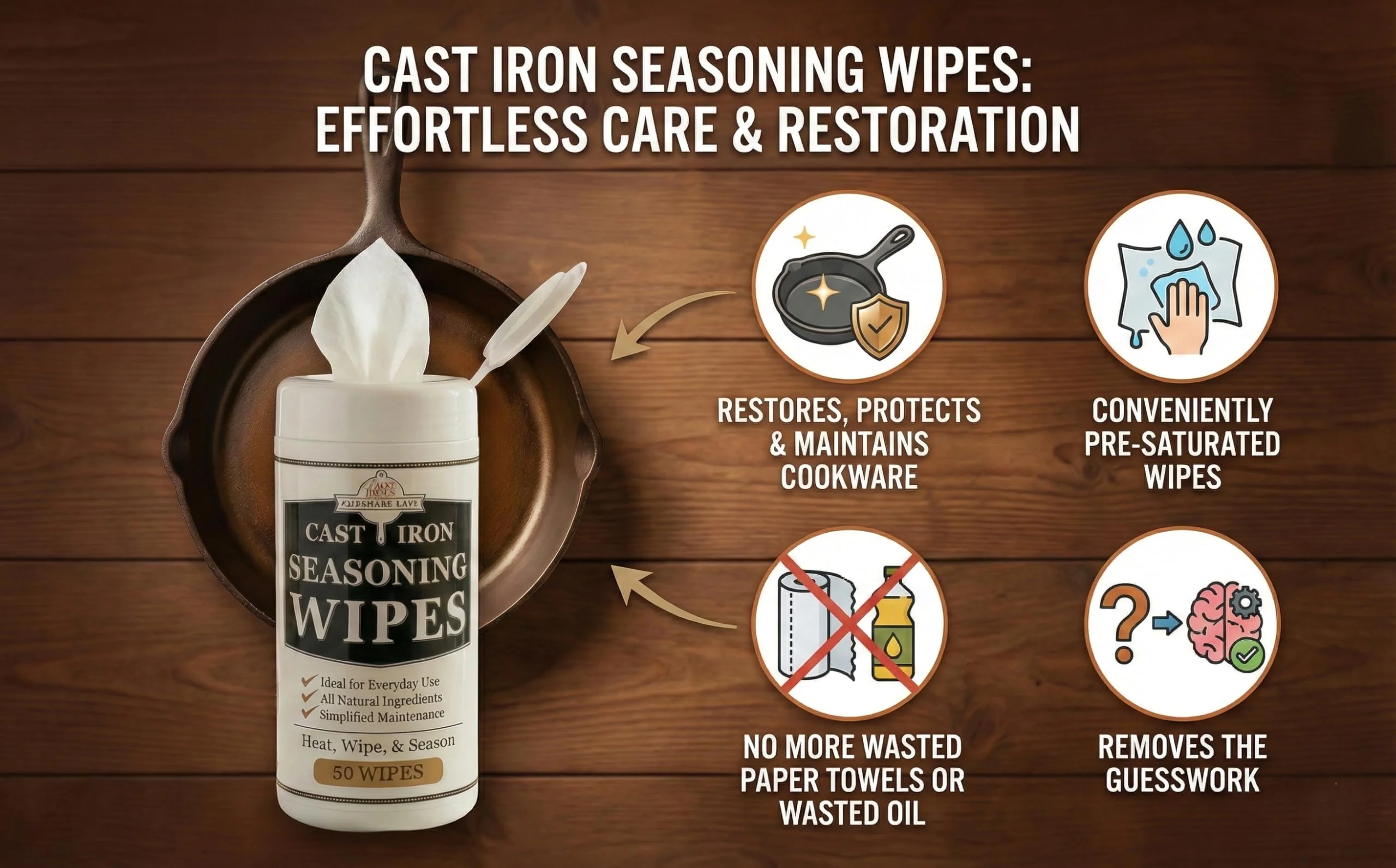 Cookware Care Cast Iron Seasoning Oil Wipes, 50 Wipes, Made in USA with Grapeseed Oil for Cast Iron Skillet, Blackstone Griddle (1 pack) - Image 2