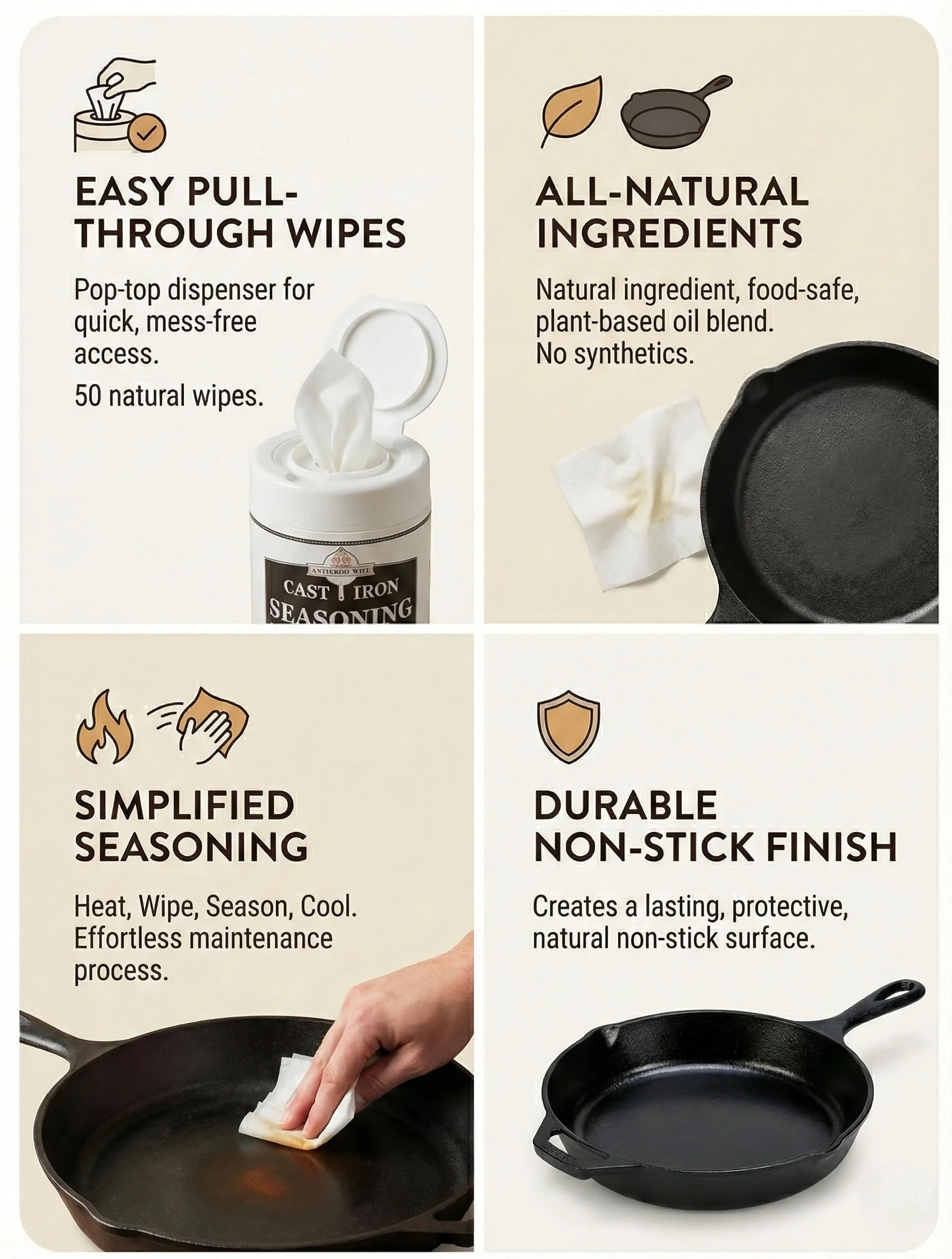 Cookware Care Cast Iron Seasoning Oil Wipes, 50 Wipes, Made in USA with Grapeseed Oil for Cast Iron Skillet, Blackstone Griddle (1 pack) - Image 4