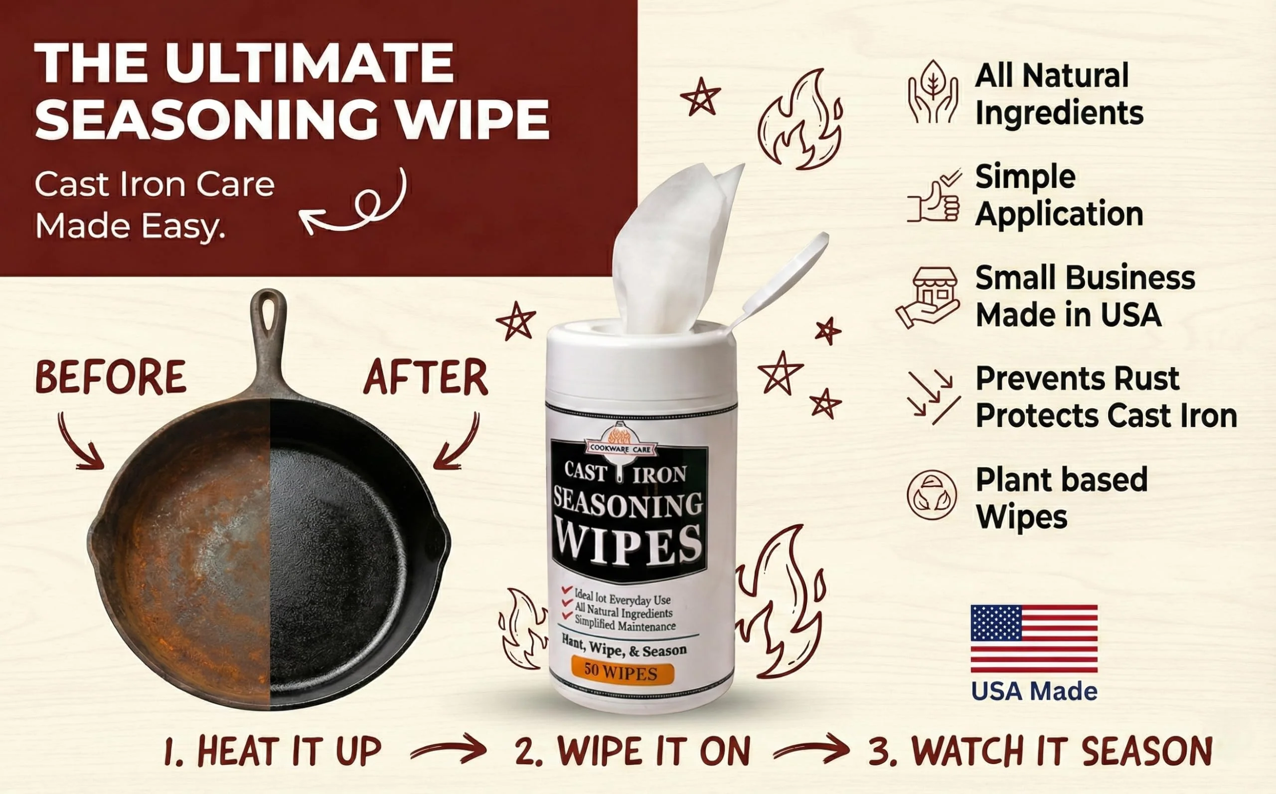 Cookware Care Cast Iron Seasoning Oil Wipes, 50 Wipes, Made in USA with Grapeseed Oil for Cast Iron Skillet, Blackstone Griddle (1 pack) - Image 5