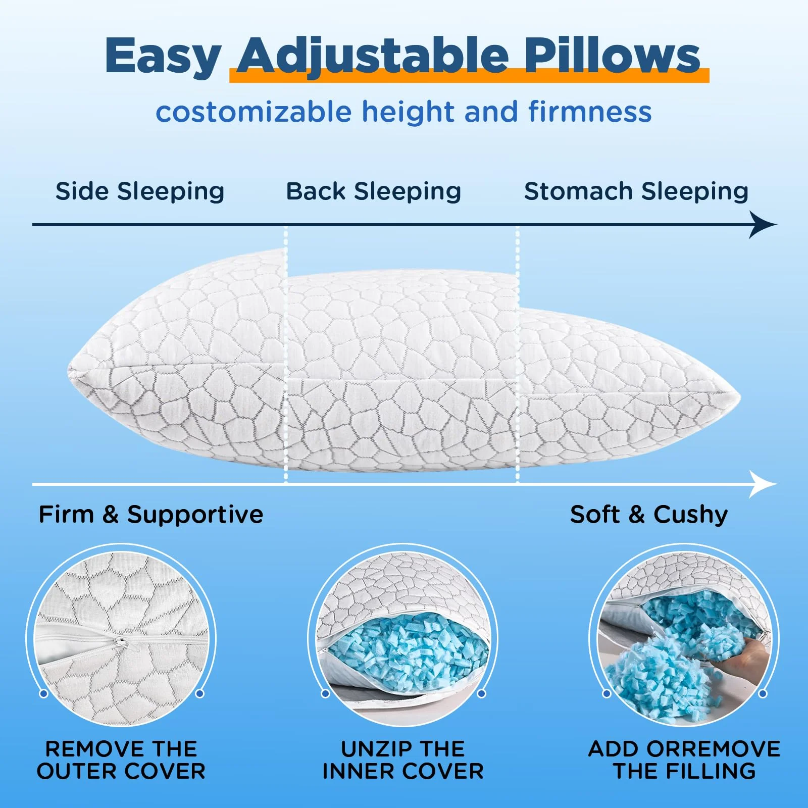 Cooling Pillow Queen Size Set of 2, Adjustable Shredded Memory Foam Pillows, Luxury Bed Pillows for Sleeping 2 Pack,Soft Yet Supportive Firm Pillow for Side,Back,Stomach Sleepers,Gifts for Hot Sleeper - Image 6