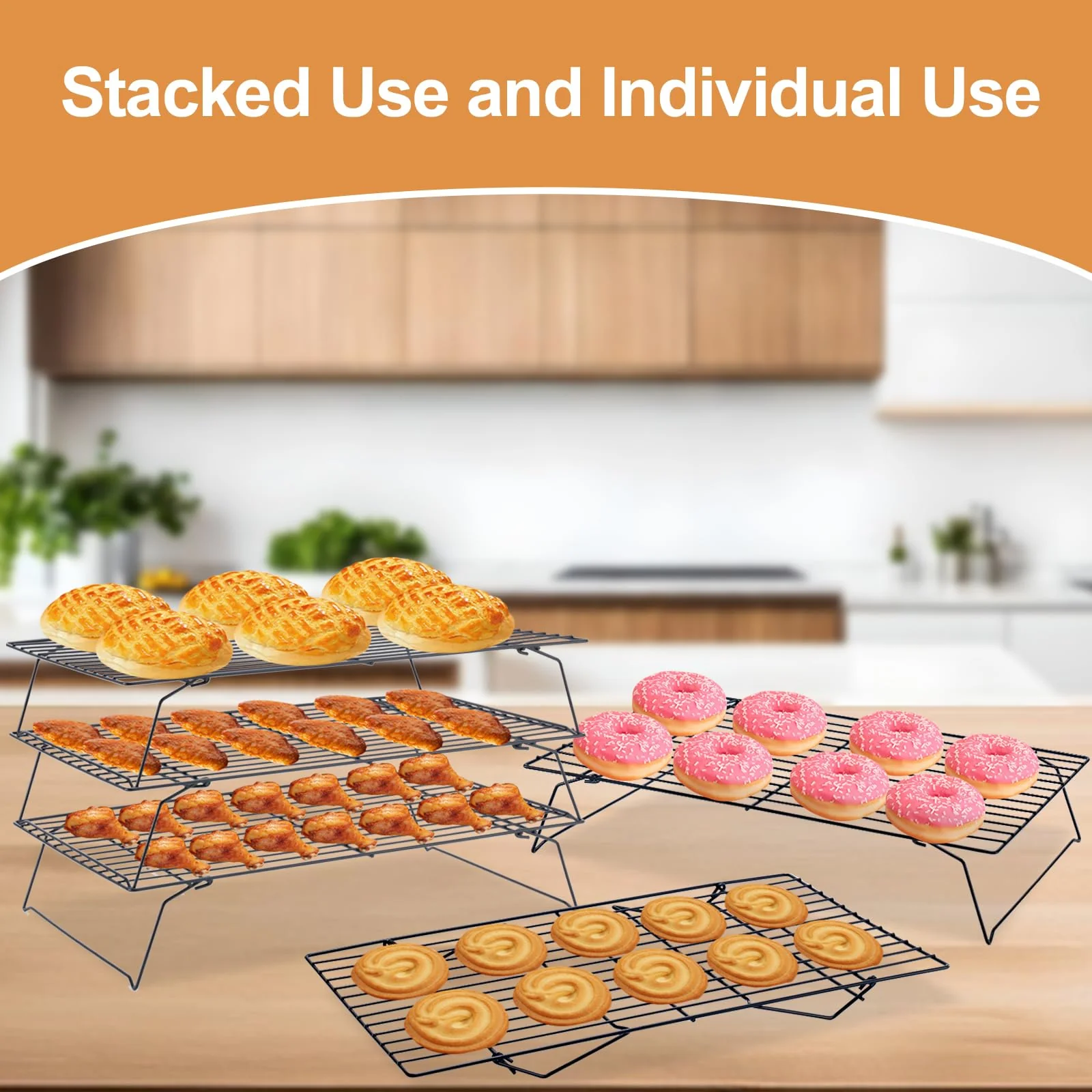 Cooling Rack for Baking 3 Tiers, 16" x 10" Cookie Cooling Wire Rack Stackable Collapsible Nonstick, Stainless Steel Baking Cooking Cooling Racks with Optimum Air Flow, Black - Image 2