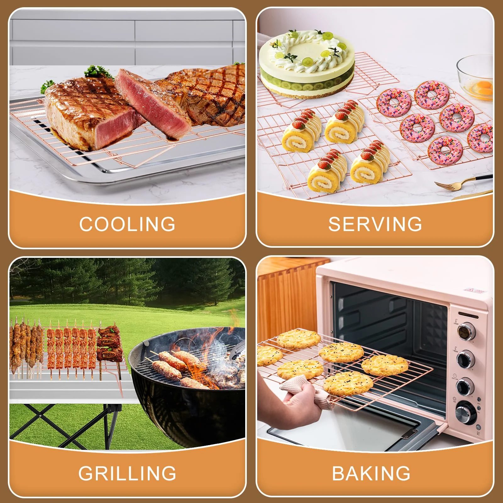 Cooling Rack for Baking 3 Tiers, 16" x 10" Cookie Cooling Wire Rack Stackable Collapsible Nonstick, Stainless Steel Baking Cooking Cooling Racks with Optimum Air Flow, Rose Gold - Image 3