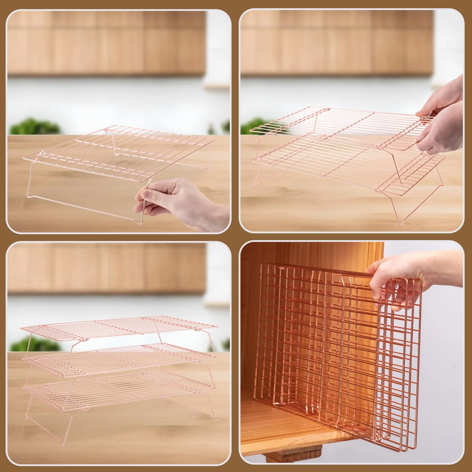 Cooling Rack for Baking 3 Tiers, 16" x 10" Cookie Cooling Wire Rack Stackable Collapsible Nonstick, Stainless Steel Baking Cooking Cooling Racks with Optimum Air Flow, Rose Gold - Image 4