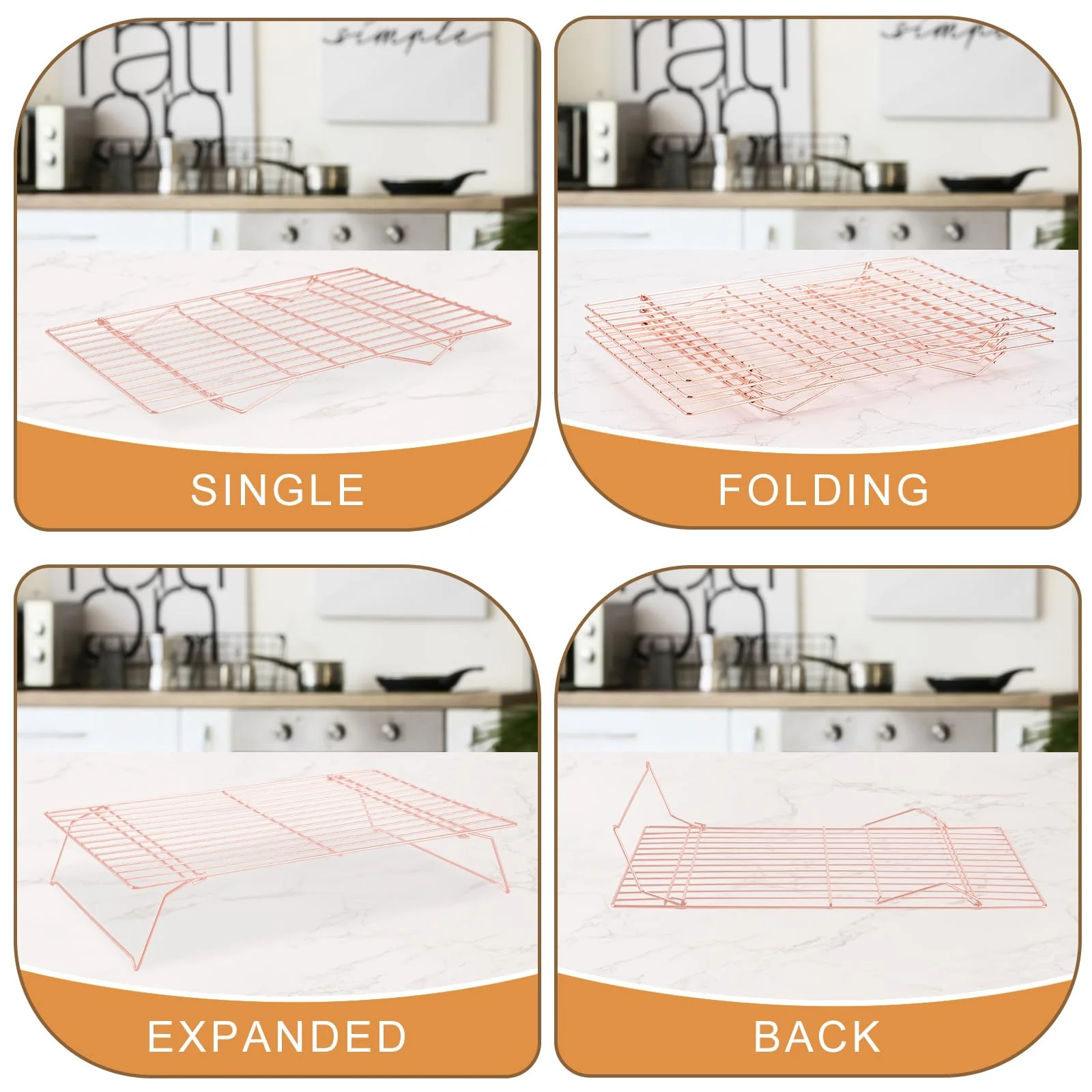 Cooling Rack for Baking 3 Tiers, 16" x 10" Cookie Cooling Wire Rack Stackable Collapsible Nonstick, Stainless Steel Baking Cooking Cooling Racks with Optimum Air Flow, Rose Gold - Image 5