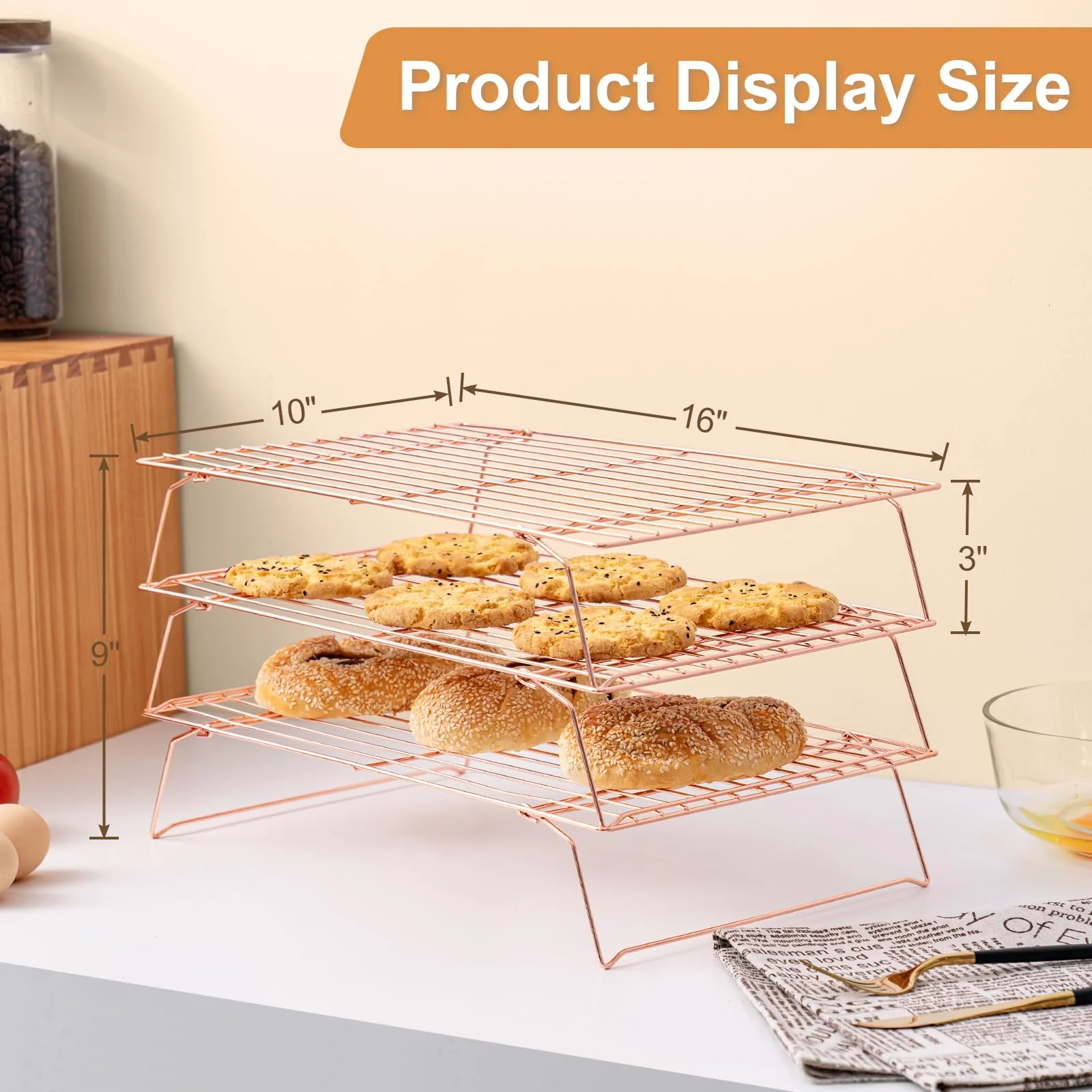 Cooling Rack for Baking 3 Tiers, 16" x 10" Cookie Cooling Wire Rack Stackable Collapsible Nonstick, Stainless Steel Baking Cooking Cooling Racks with Optimum Air Flow, Rose Gold - Image 7