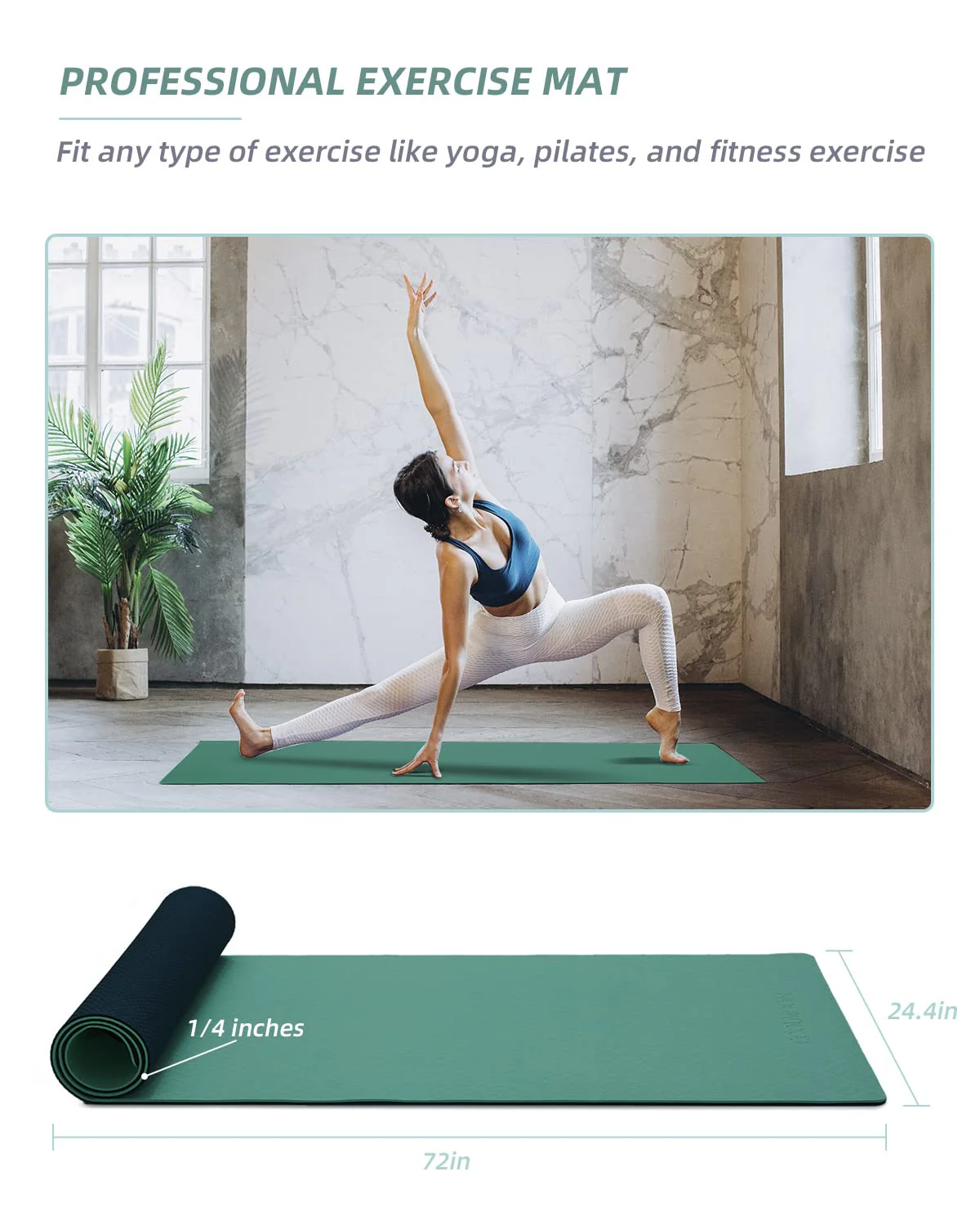 COOLMOON Yoga Mat Non Slip, Anti-Tear 1/4 Thick TPE Yoga Mats for Women and Men, 72"x24" Exercise & Fitness Mat with Carrying Strap, Workout Mats for Yoga, Pilates and Floor Exercise - Image 4