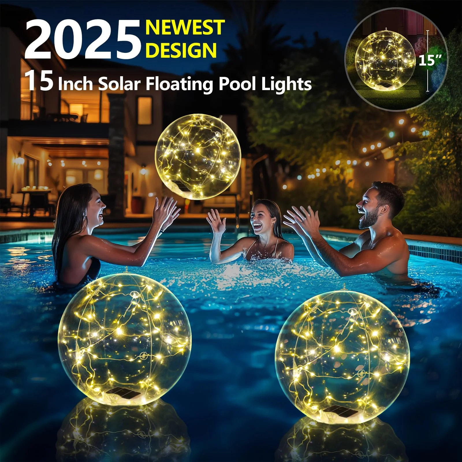 Cootway Floating Pool Lights, 15 Inch Warm White Solar Pool Light that Float, IP68 Waterproof Inflatable Light Up Pool Balls, Float or Hang Solar Floating Lights for Pool, Wedding, Party Decor - 2PC - Image 4