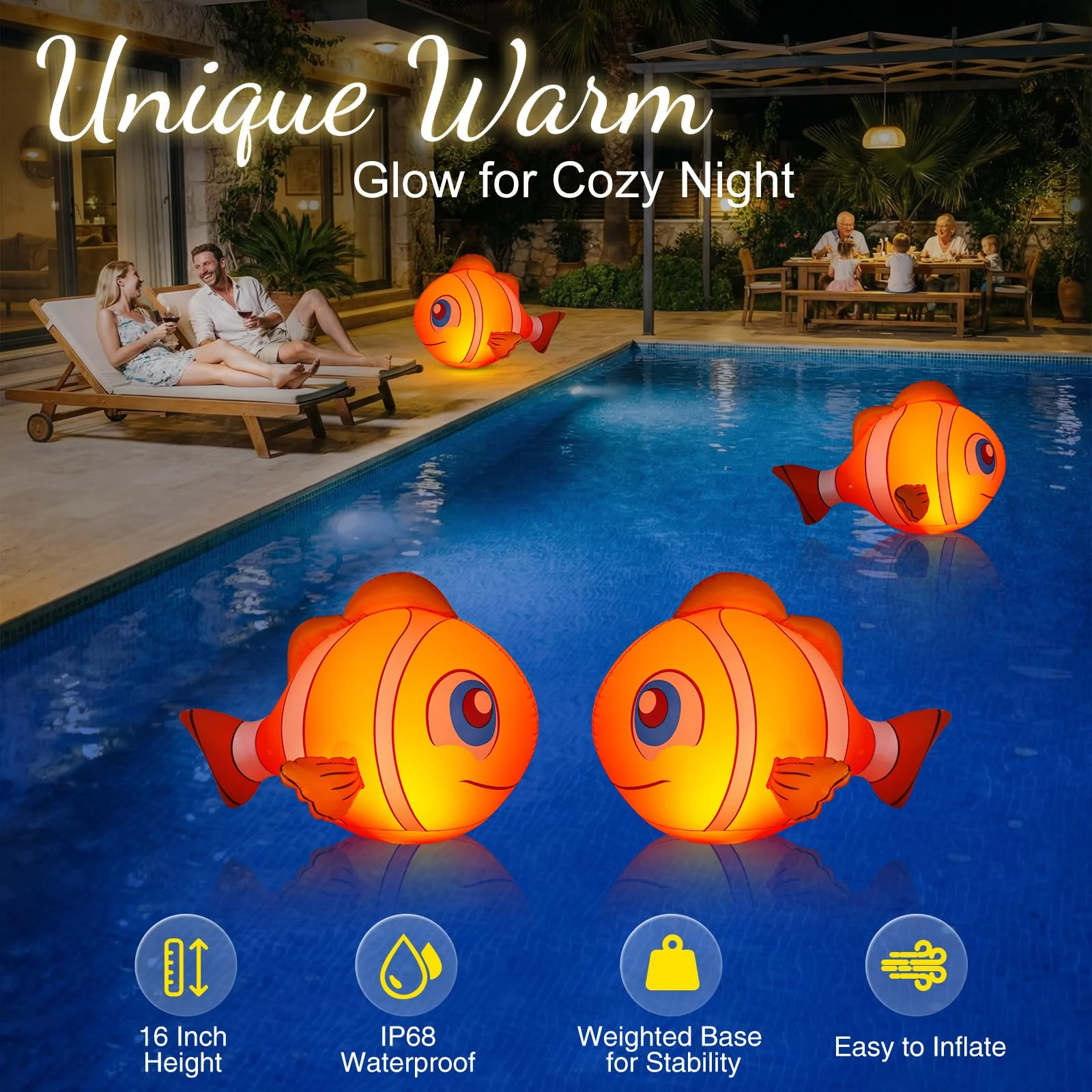 Cootway Floating Pool Lights Solar Powered, 16'' Inflatable Waterproof Clownfish Solar Pool Lights that Float, Auto On/Off LED Floating Lights for Pool Garden Backyard Outdoor Decoration - (2 Piece) - Image 6