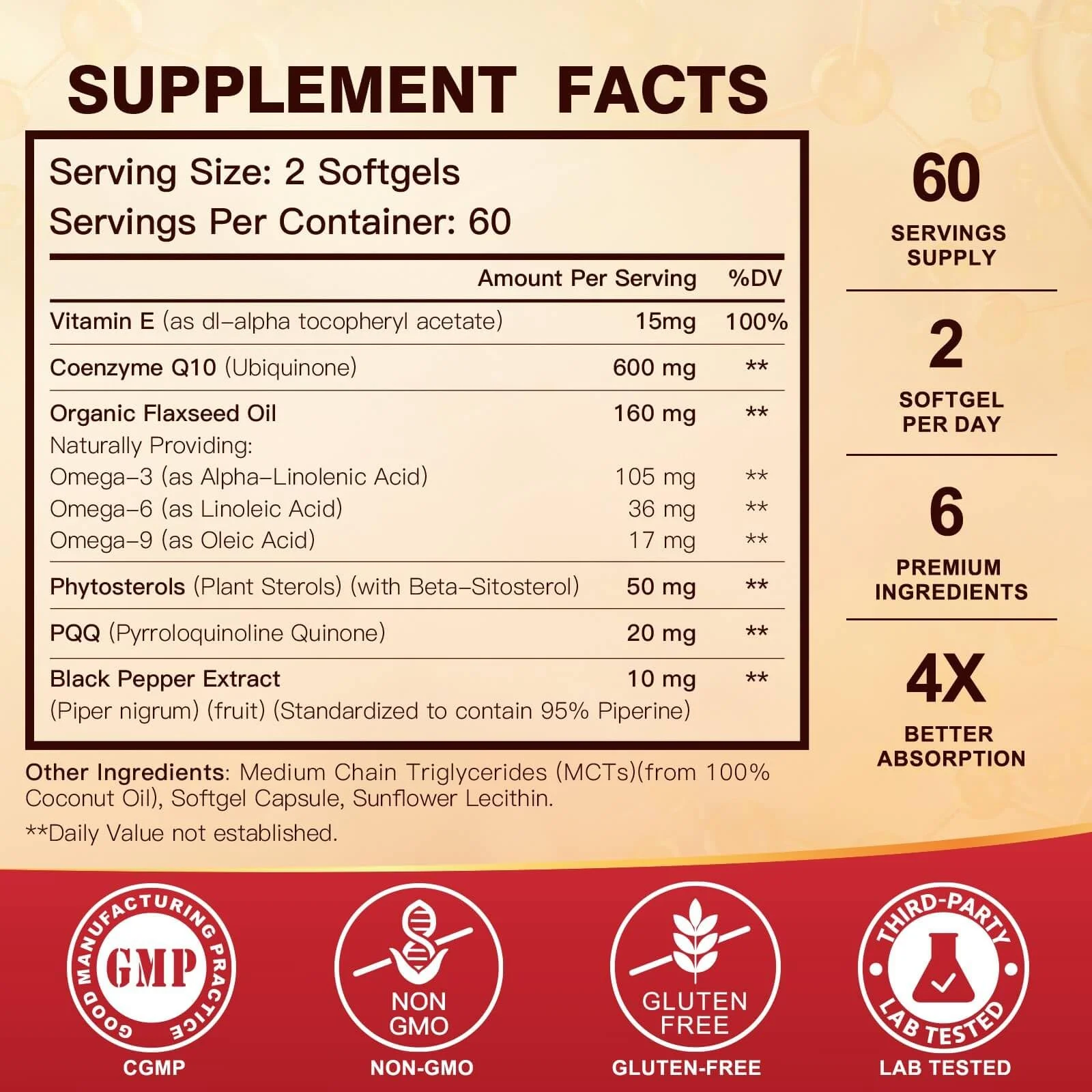 CoQ10 600 mg Softgels CoQ10 Supplement - CQ10 Coenzyme-Q10 with Omega 3 & PQQ & Vitamin E, CoQ10 400mg Softgels, 60 Servings - Image 8