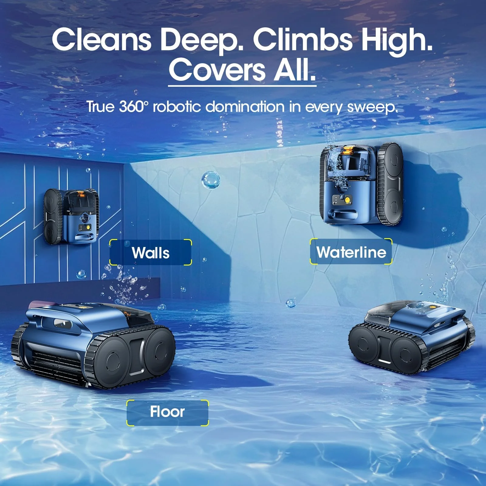 Cordless Robotic Pool Vacuum, Pool Cleaner with Track Drive & Sonar Navigation, 180W Brushless Motor, Wall & Waterline Climbing, 150-Min Runtime, for Inground Above-Ground 2150 Sq. Ft. (Dark Blue) - Image 6