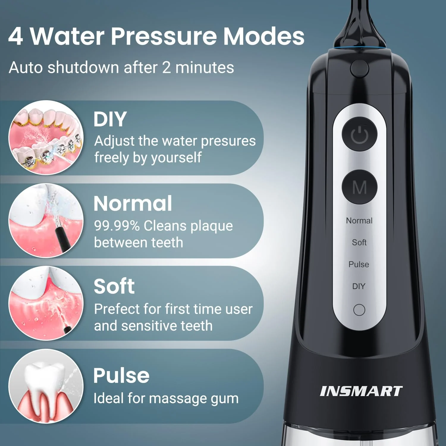 Cordless Water Dental Flosser Teeth Cleaner, INSMART Professional 300ML Tank DIY Mode Rechargeable Dental Oral Irrigator for Home and Travel, IPX7 Waterproof 6 Modes Irrigate Oral Care (Black) - Image 8
