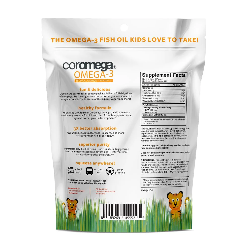 Coromega Kids Omega 3 Fish Oil Supplement, 650mg of Omega-3s, Tropical Orange + Vitamin D, 120 Single Serve Squeeze Packets - Image 2