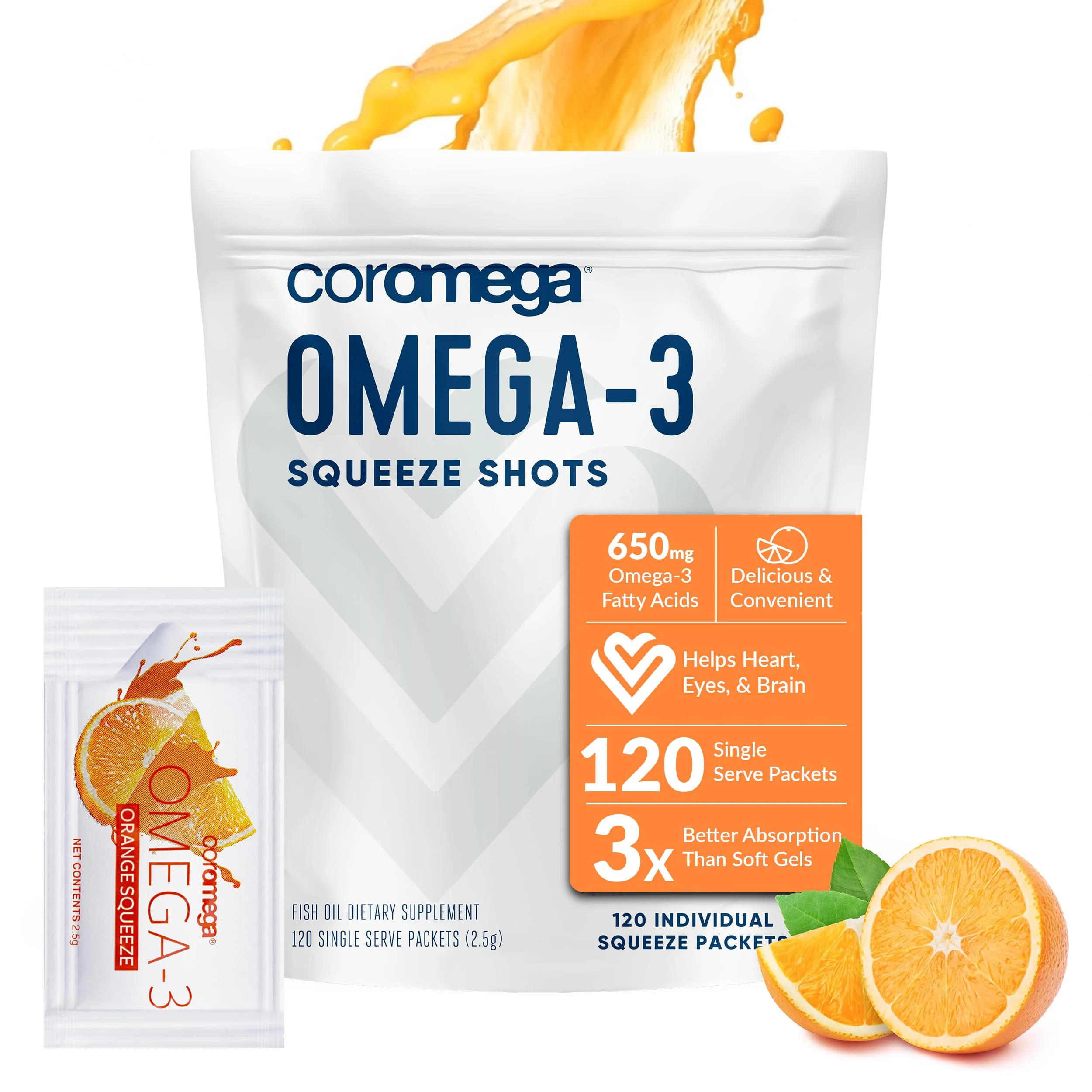 Coromega Omega 3 Fish Oil Supplement with Vitamin D3, 650mg of Omega-3s with 3X Better Absorption Than Softgels, Tropical Orange Flavor, 90 Single Serve Squeeze Packets - Image 2