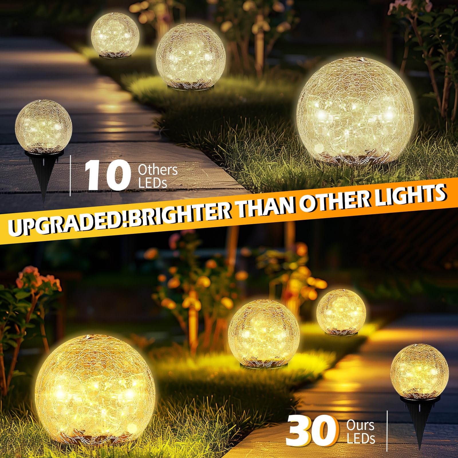 Coroor Garden Solar Ball Lights Outdoor Waterproof, 30 LED Cracked Glass Globe Solar Power Ground Lights for Path Yard Patio Lawn, Christmas Decoration Landscape Warm White(2 Pack 3.9'') - Image 3