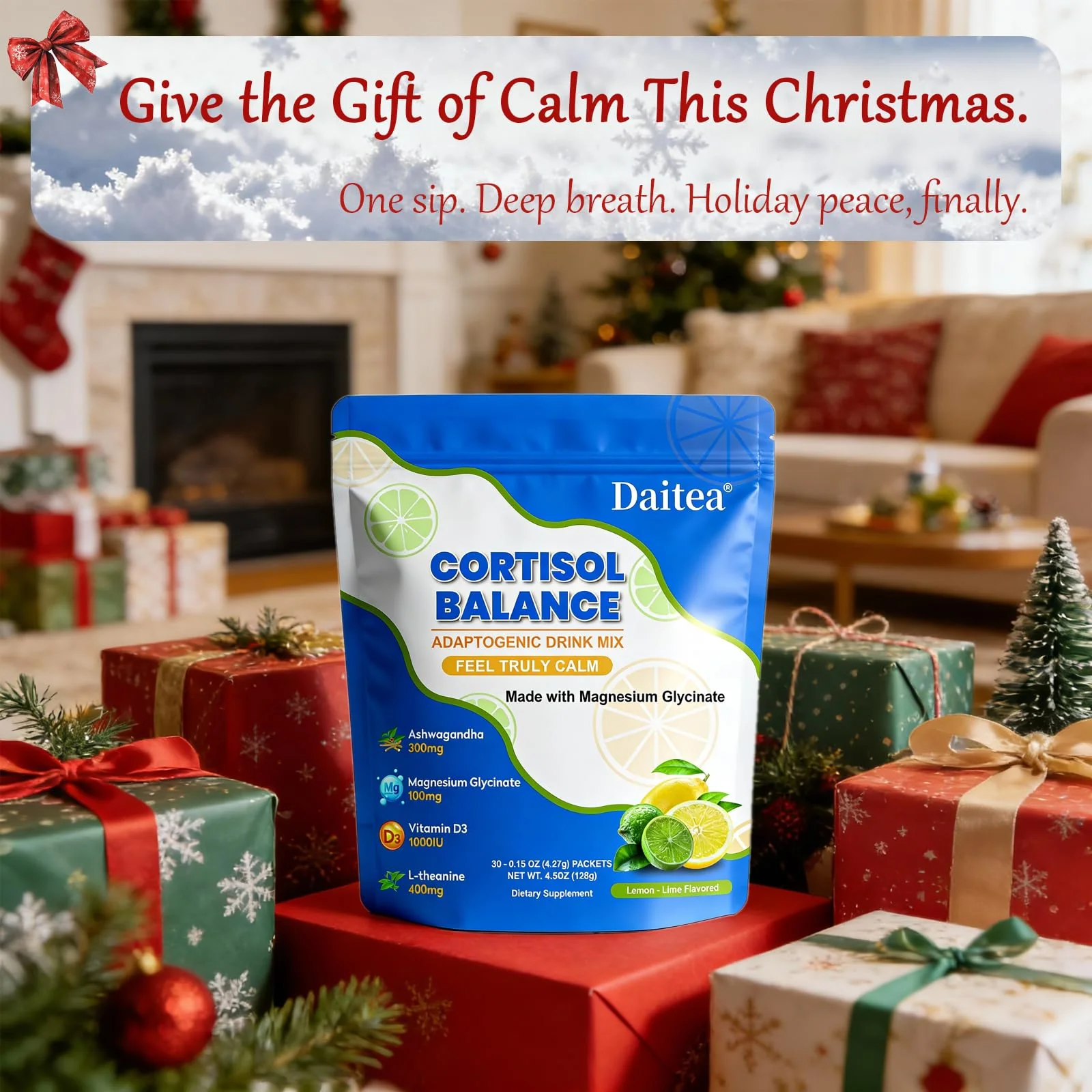 Cortisol Calm Drink Mix with Magnesium Glycinate Powder, L-Theanine, Vitamins, and Ashwagandha for Relaxation & Focus | Adaptogen Drink & Cortisol Support | 30 Packets (Lemon & Lime Flavor) - Image 2