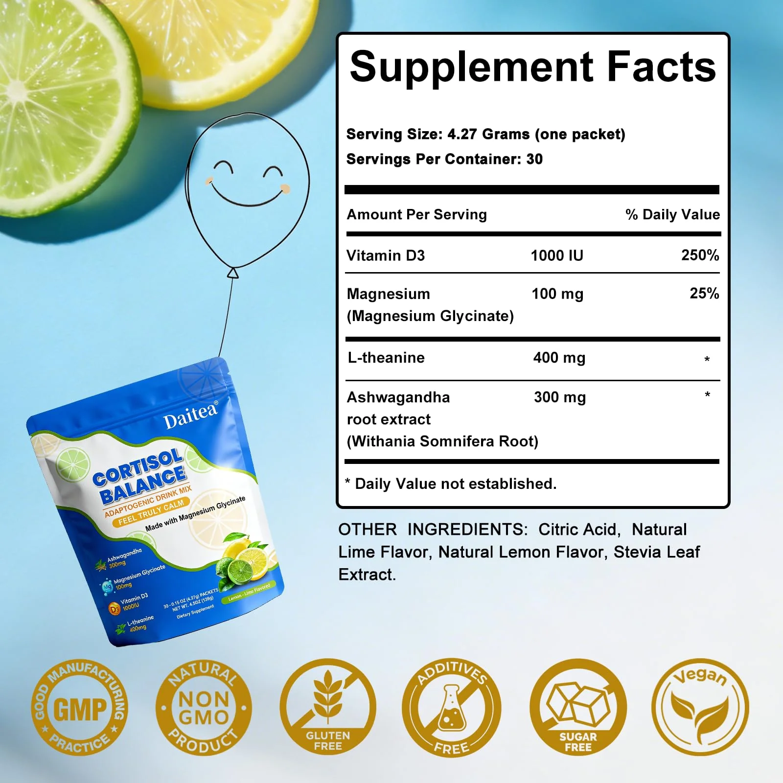 Cortisol Calm Drink Mix with Magnesium Glycinate Powder, L-Theanine, Vitamins, and Ashwagandha for Relaxation & Focus | Adaptogen Drink & Cortisol Support | 30 Packets (Lemon & Lime Flavor) - Image 6