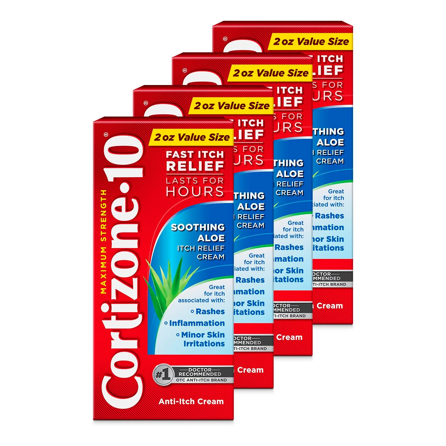 Cortizone-10 Maximum Strength Soothing Aloe Itch Relief Cream, 1% Hydrocortisone, Fast-Acting, Anti-Itch Cream for Bug Bites, Rash, Eczema, Psoriasis, Poison Ivy, Oak, Sumac, 2 oz (Pack of 4)