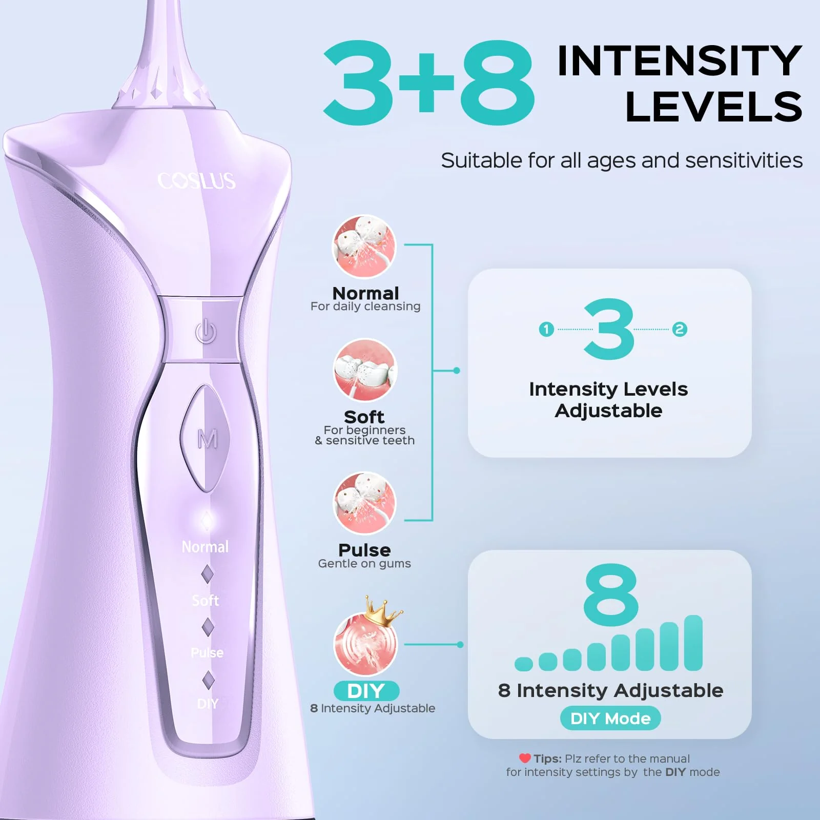 COSLUS Water Dental Flosser Pick for Teeth C30(FC5360): 4 Modes Cordless 300ML Larger Tank Portable Water Teeth Cleaner Picks IPX7 Waterproof Flossing Machine for Home Travel Purple - Image 4