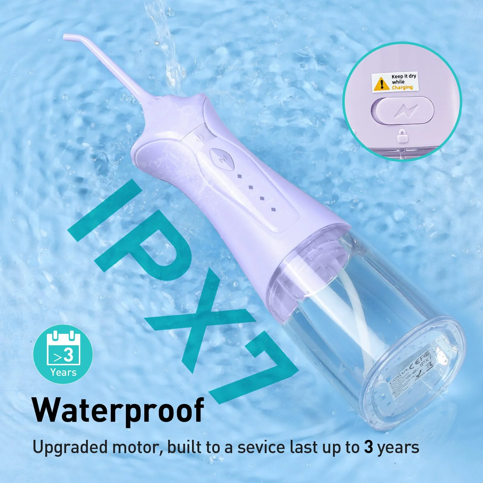 COSLUS Water Dental Flosser Pick for Teeth C30(FC5360): 4 Modes Cordless 300ML Larger Tank Portable Water Teeth Cleaner Picks IPX7 Waterproof Flossing Machine for Home Travel Purple - Image 7