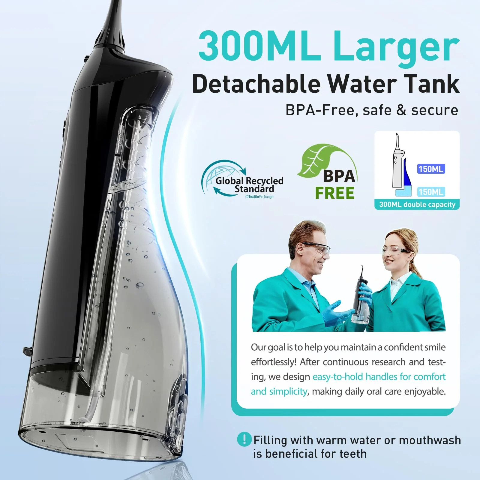 COSLUS Water Dental Flosser Teeth Pick C20: Portable Cordless Oral Irrigator 300ML Rechargeable Travel Irrigation Cleaner IPX7 Waterproof Electric Flossing Machine for Teeth Cleaning - Image 3