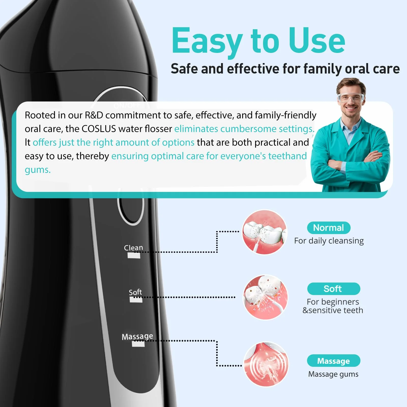 COSLUS Water Dental Flosser Teeth Pick C20: Portable Cordless Oral Irrigator 300ML Rechargeable Travel Irrigation Cleaner IPX7 Waterproof Electric Flossing Machine for Teeth Cleaning - Image 5