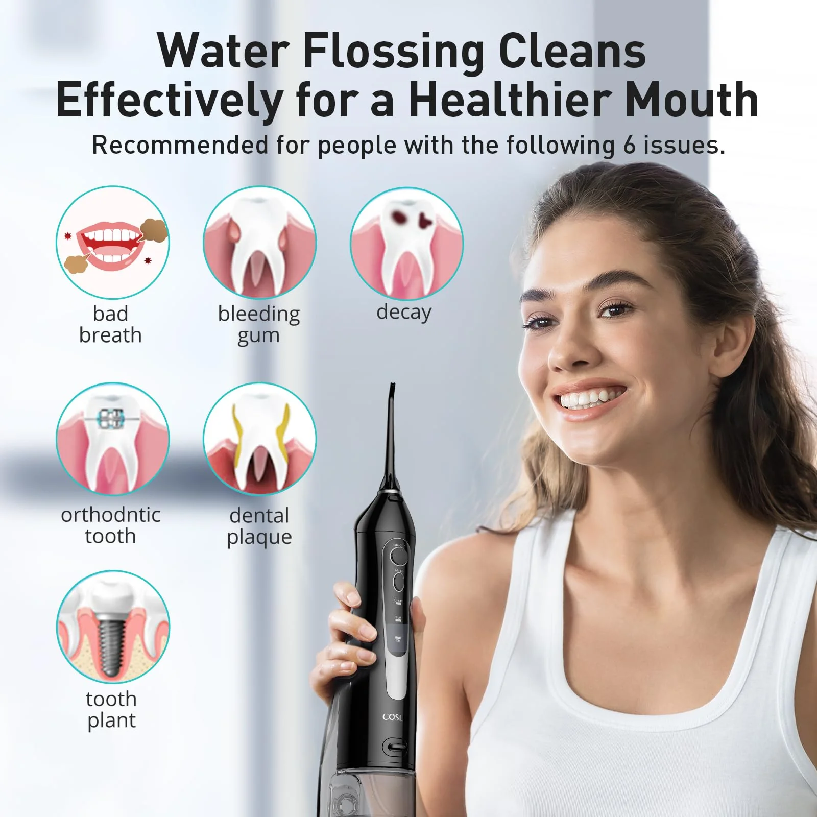 COSLUS Water Dental Flosser Teeth Pick C20: Portable Cordless Oral Irrigator 300ML Rechargeable Travel Irrigation Cleaner IPX7 Waterproof Electric Flossing Machine for Teeth Cleaning - Image 8