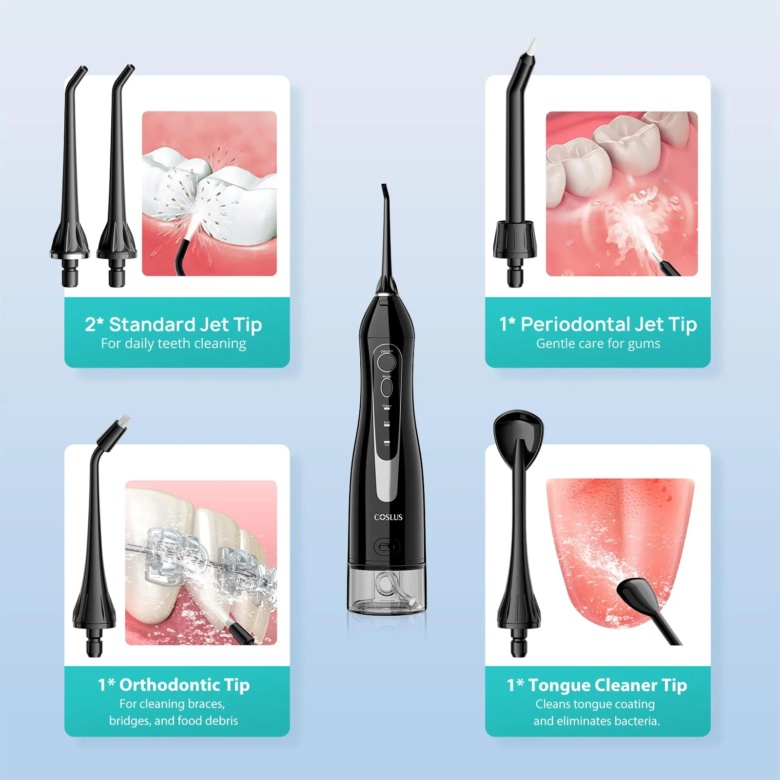 COSLUS Water Dental Flosser Teeth Pick C20: Portable Cordless Oral Irrigator 300ML Rechargeable Travel Irrigation Cleaner IPX7 Waterproof Electric Flossing Machine for Teeth Cleaning - Image 9
