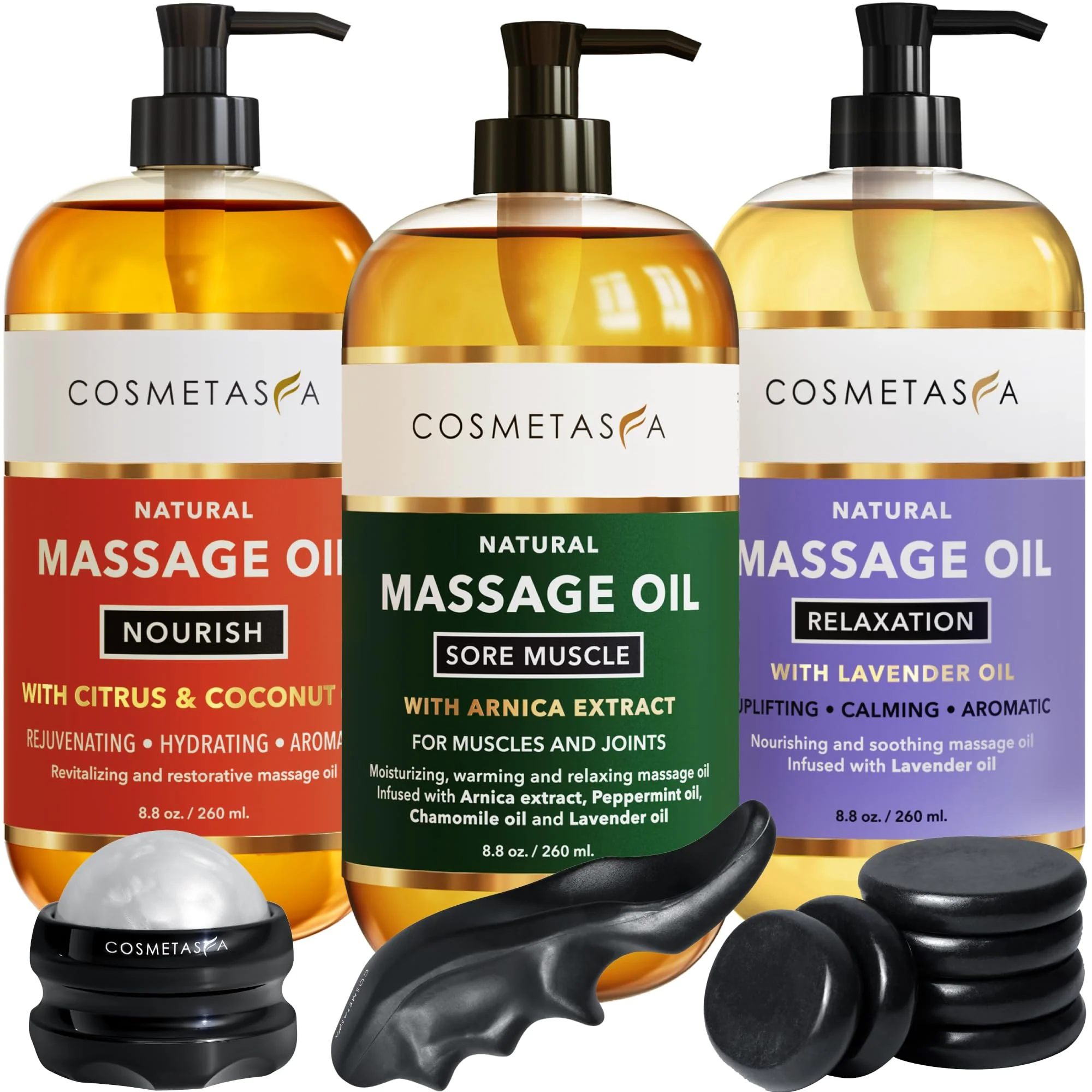 Cosmetasa Luxury Spa Treatment Gift Set - Relaxation, Nourish and Sore Muscle Massage Oil with Hot Stones, Roller Ball and Thumb Saver Massage Tools