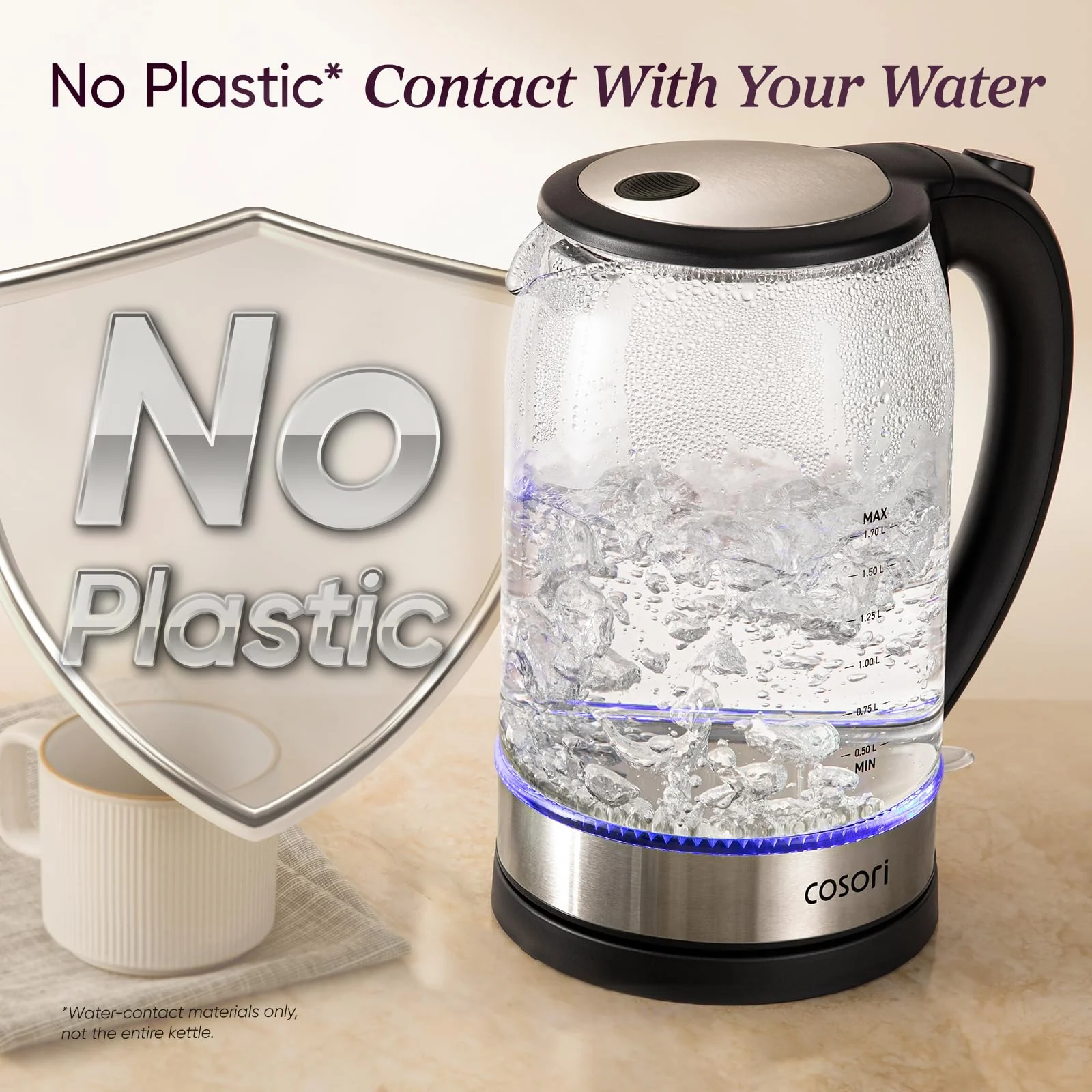 COSORI Electric Kettle, Tea Kettle Pot, 1.7L/1500W, Stainless Steel Inner Lid & Filter, Hot Water Kettle Teapot Boiler & Heater, Automatic Shut Off, BPA-Free, Black - Image 3