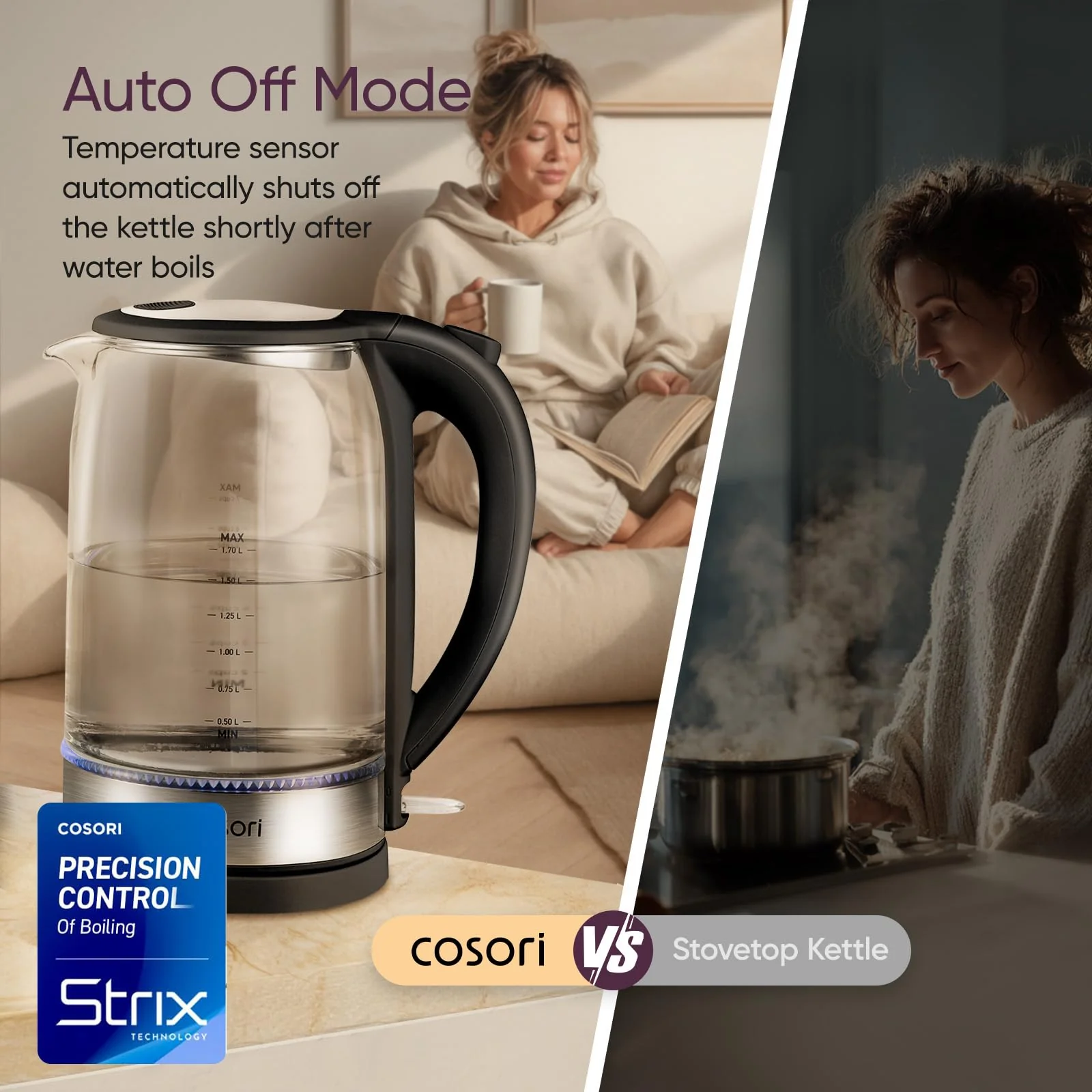 COSORI Electric Kettle, Tea Kettle Pot, 1.7L/1500W, Stainless Steel Inner Lid & Filter, Hot Water Kettle Teapot Boiler & Heater, Automatic Shut Off, BPA-Free, Black - Image 8