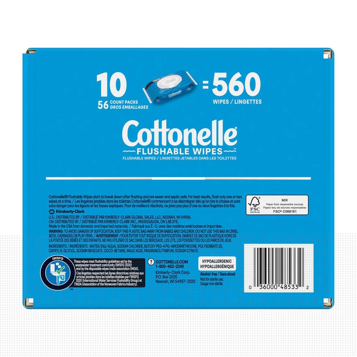 Cottonelle Freshfeel Flushable Wet Wipes - One Box of 560 Wipes (10 Packs of 56 Pieces) - Image 3