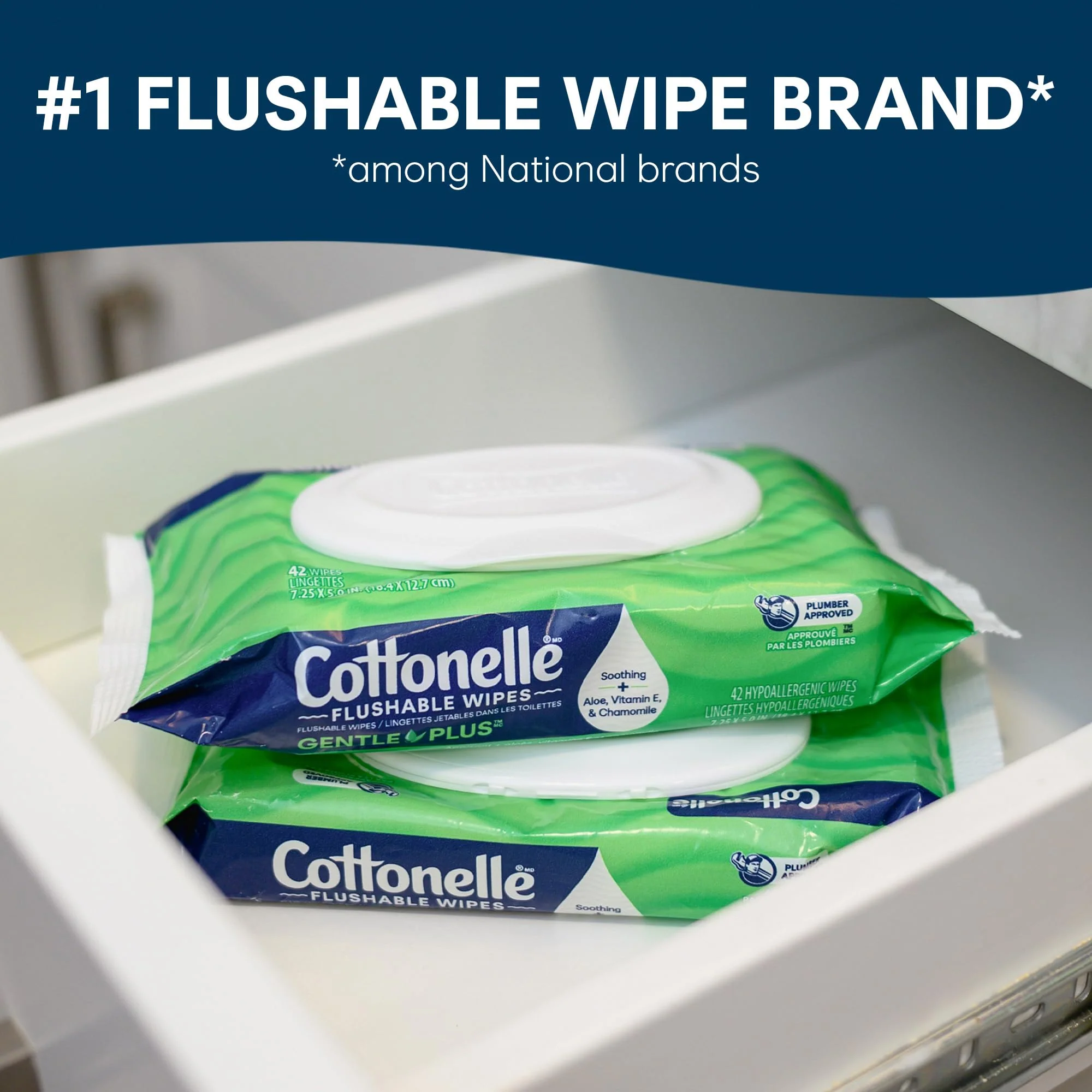 Cottonelle GentlePlus Flushable Wet Wipes with Aloe & Vitamin E, 8 Flip-Top Packs, 42 Wipes Per Pack (336 Total Wipes), Packaging May Vary - Image 2