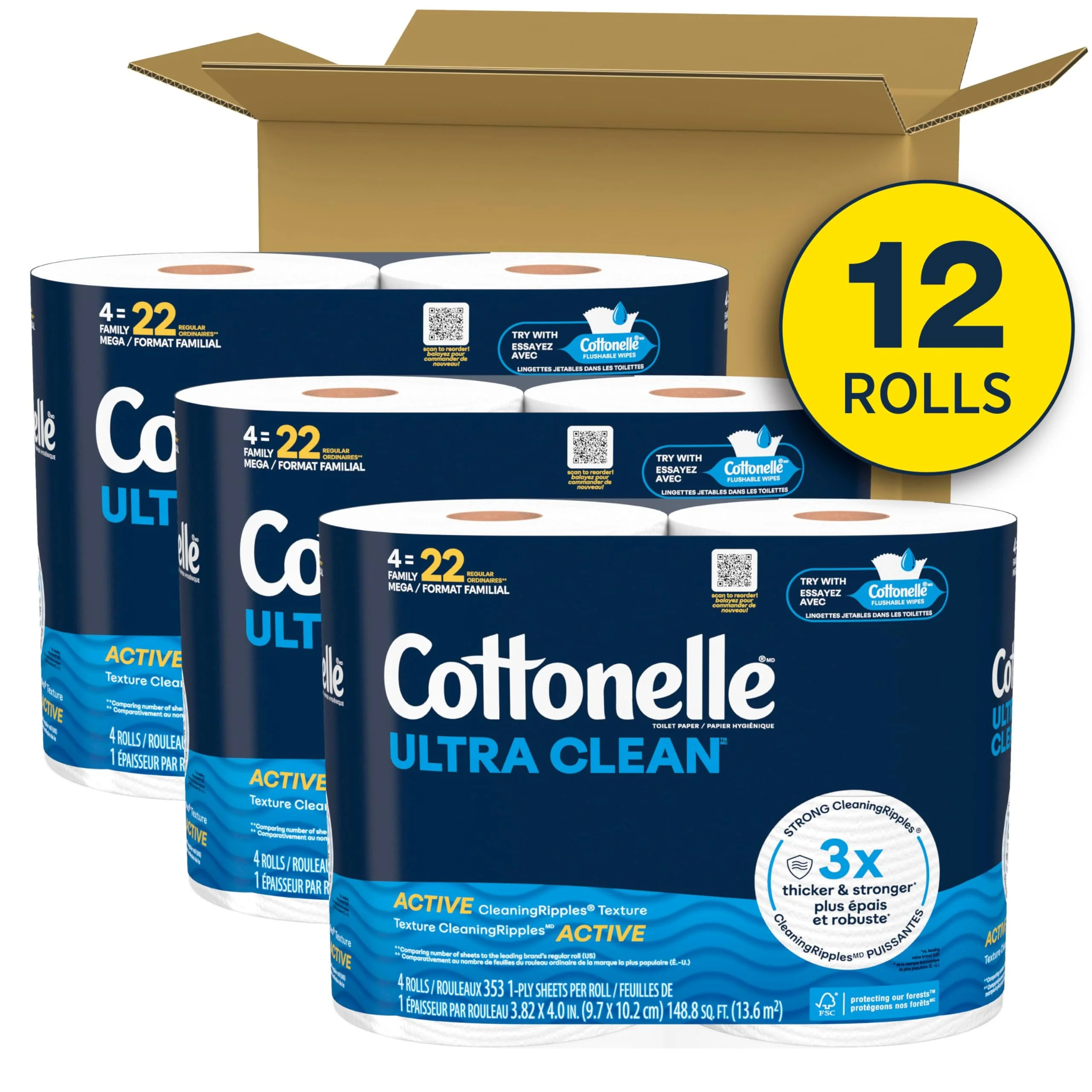 Cottonelle Ultra Clean Toilet Paper with Active CleaningRipples Texture, Strong Bath Tissue, 12 Family Mega Rolls = 66 Regular Rolls - Image 2
