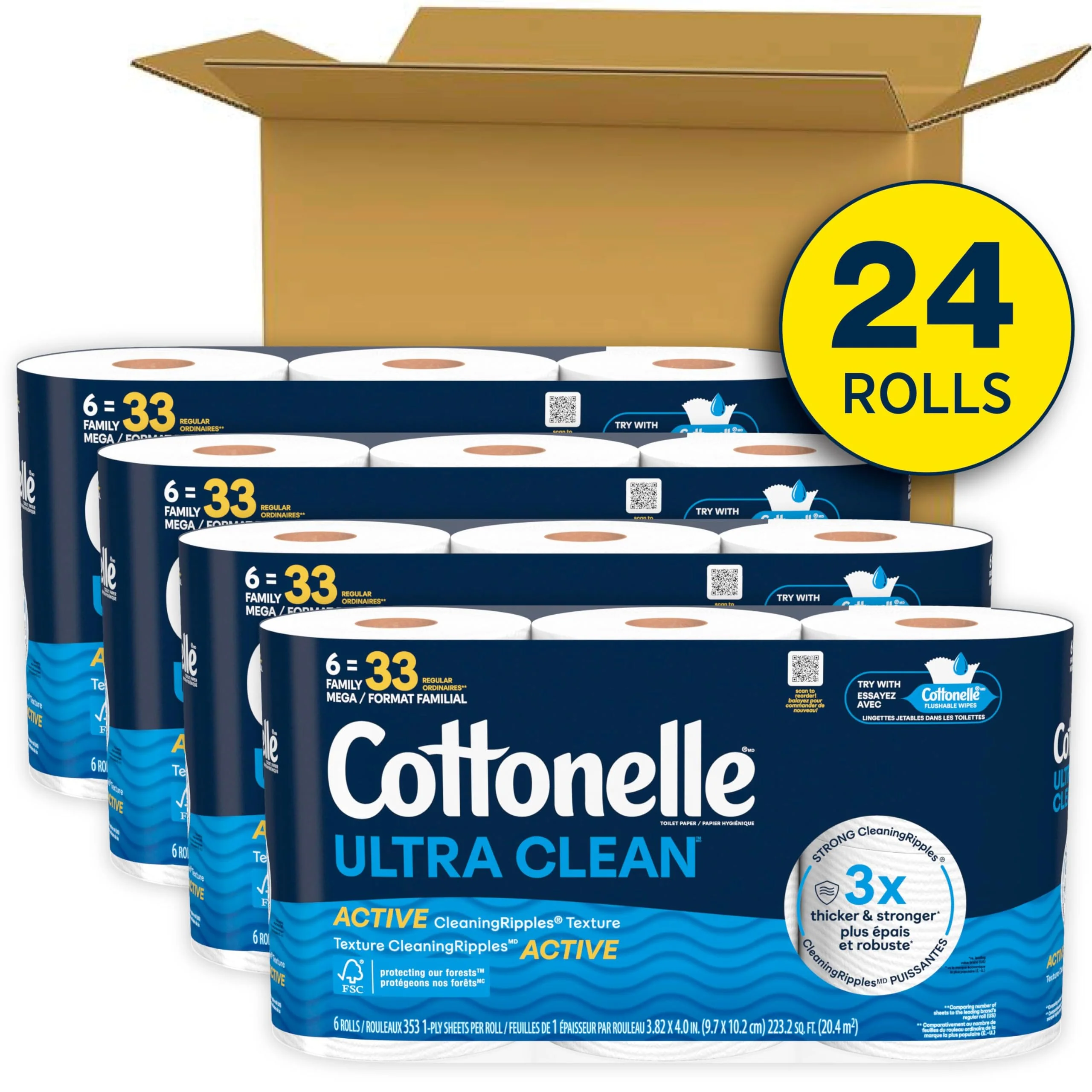 Cottonelle Ultra Clean Toilet Paper with Active CleaningRipples Texture, Strong Bath Tissue, 24 Family Mega Rolls = 132 Regular Rolls (4 Packs of 6) - Image 8
