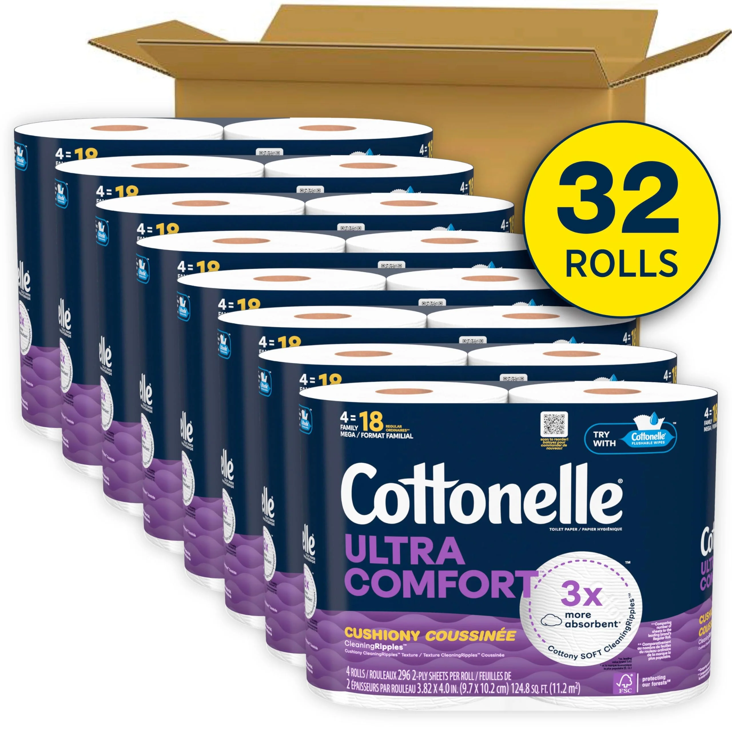 Cottonelle Ultra Comfort Toilet Paper with Cushiony CleaningRipples Texture, 32 Family Mega Rolls = 144 Regular Rolls (8 Packs of 4) - Image 8
