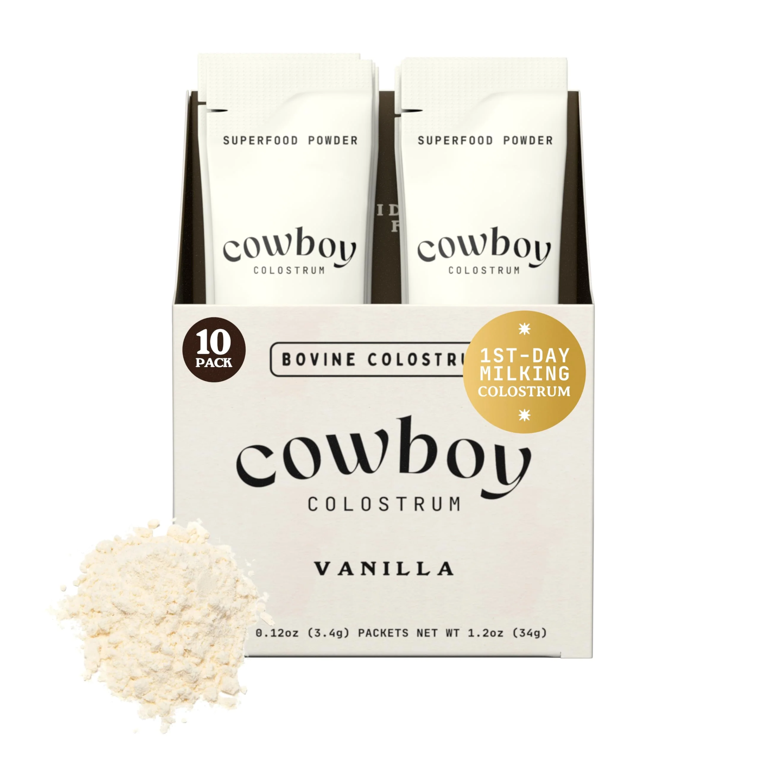 Cowboy - The Exclusive 1st Milking, Whole, Grass Fed Colostrum Supplement for Full Body Health - Bovine Colostrum Powder Packed w/Bioactive Nutrients (10 Travel Packs - Vanilla)