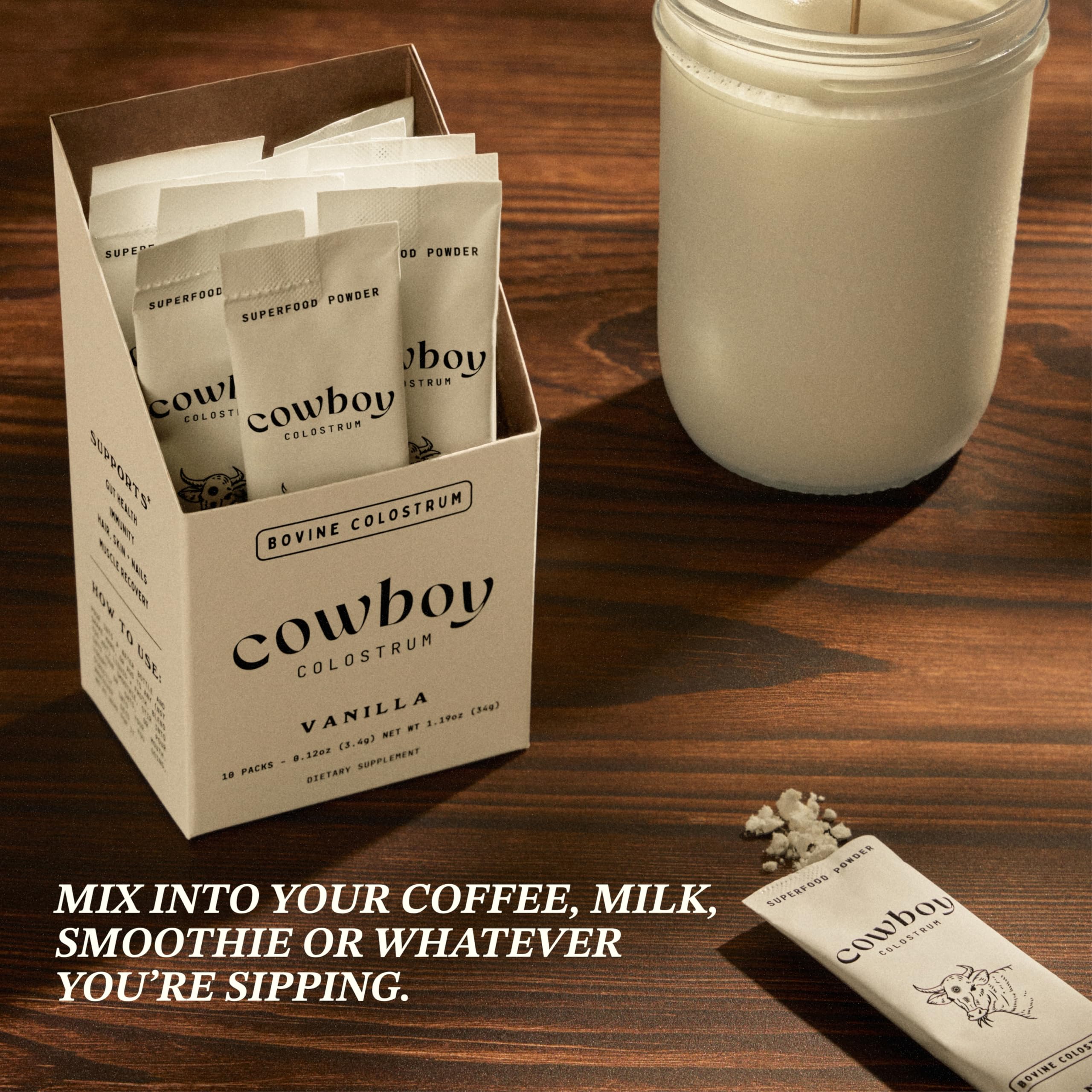Cowboy - The Exclusive 1st Milking, Whole, Grass Fed Colostrum Supplement for Full Body Health - Bovine Colostrum Powder Packed w/Bioactive Nutrients (10 Travel Packs - Vanilla) - Image 3