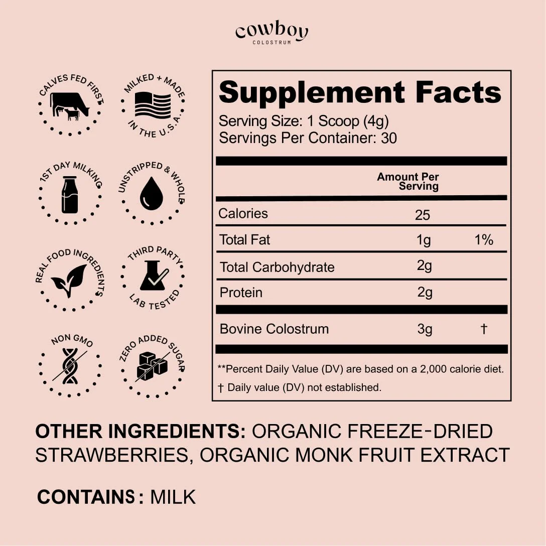 COWBOY - The Exclusive 1st Milking, Whole, Grass Fed Colostrum Supplement for Full Body Health - Bovine Colostrum Powder Packed w/Bioactive Nutrients - Sugar Free (Strawberry, 30 Servings) - Image 2