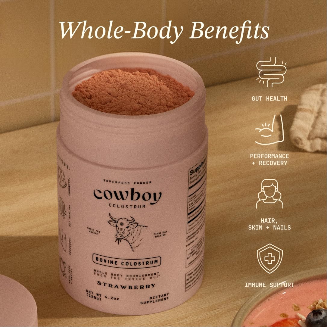 COWBOY - The Exclusive 1st Milking, Whole, Grass Fed Colostrum Supplement for Full Body Health - Bovine Colostrum Powder Packed w/Bioactive Nutrients - Sugar Free (Strawberry, 30 Servings) - Image 4