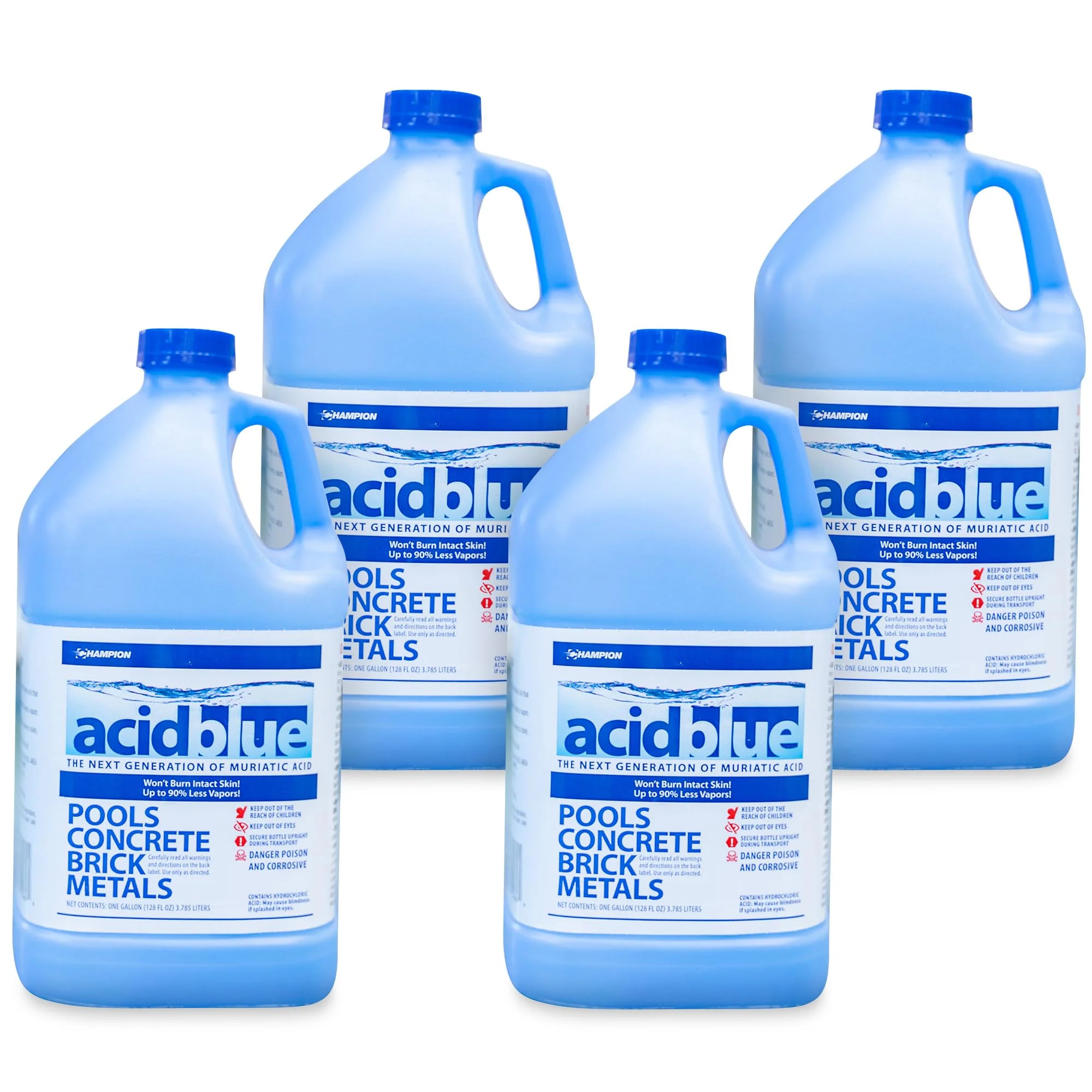 CPDI Champion 4-Pack Acidblue Muriatic Acid for Swimming Pools & Spas, 1 Gallon Each - Low-Fume pH Stabilizer & Cleaner for Concrete & Masonry Surfaces, Clears Rust & Scale Build-Up