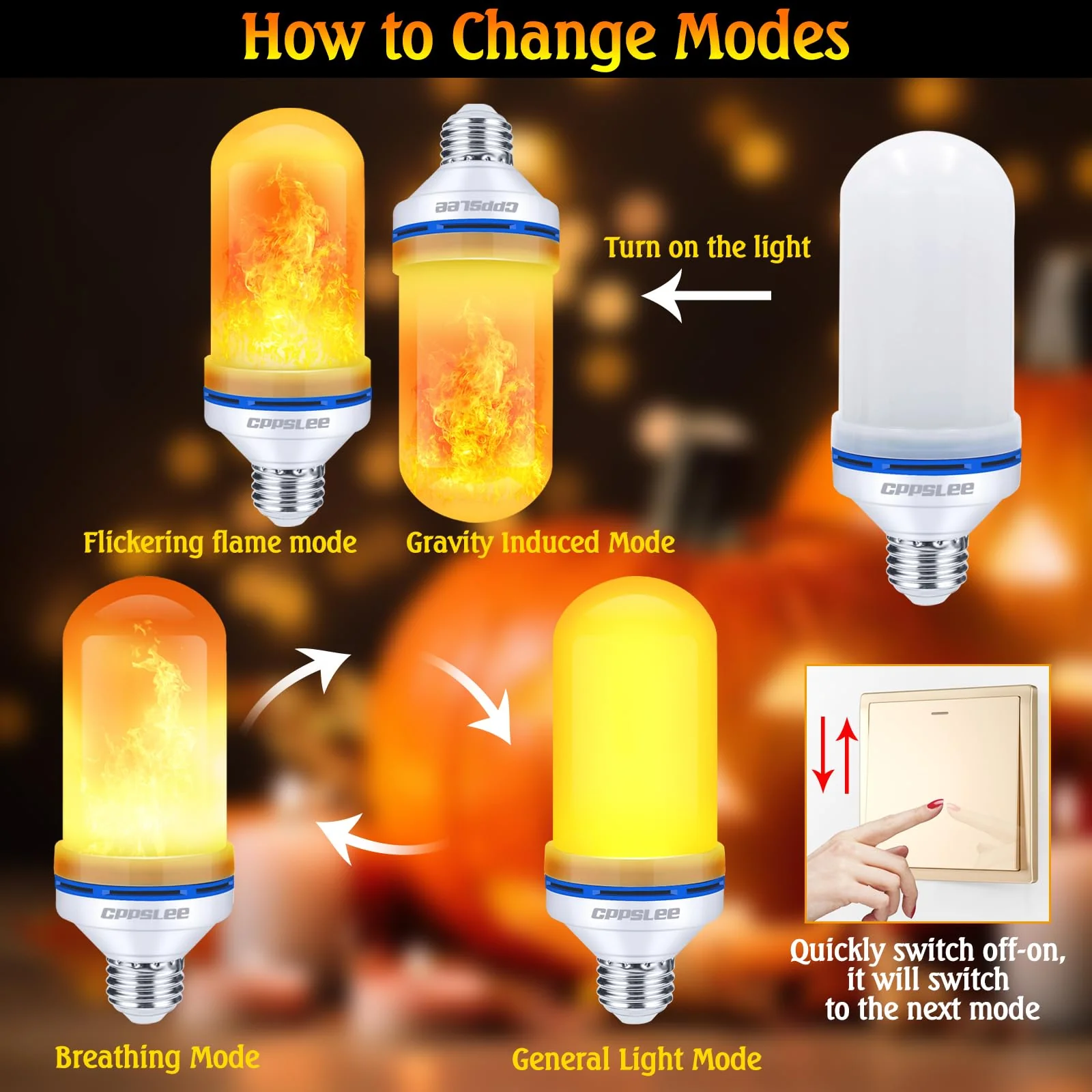 CPPSLEE Upgraded LED Flame Light Bulbs, 4 Modes Flickering Light Bulbs, E26 Base Fire Flame Bulb for Halloween Decorations Outdoor, Christmas Lights Patio Indoor Home Decor (Yellow, 4 Pack) - Image 6