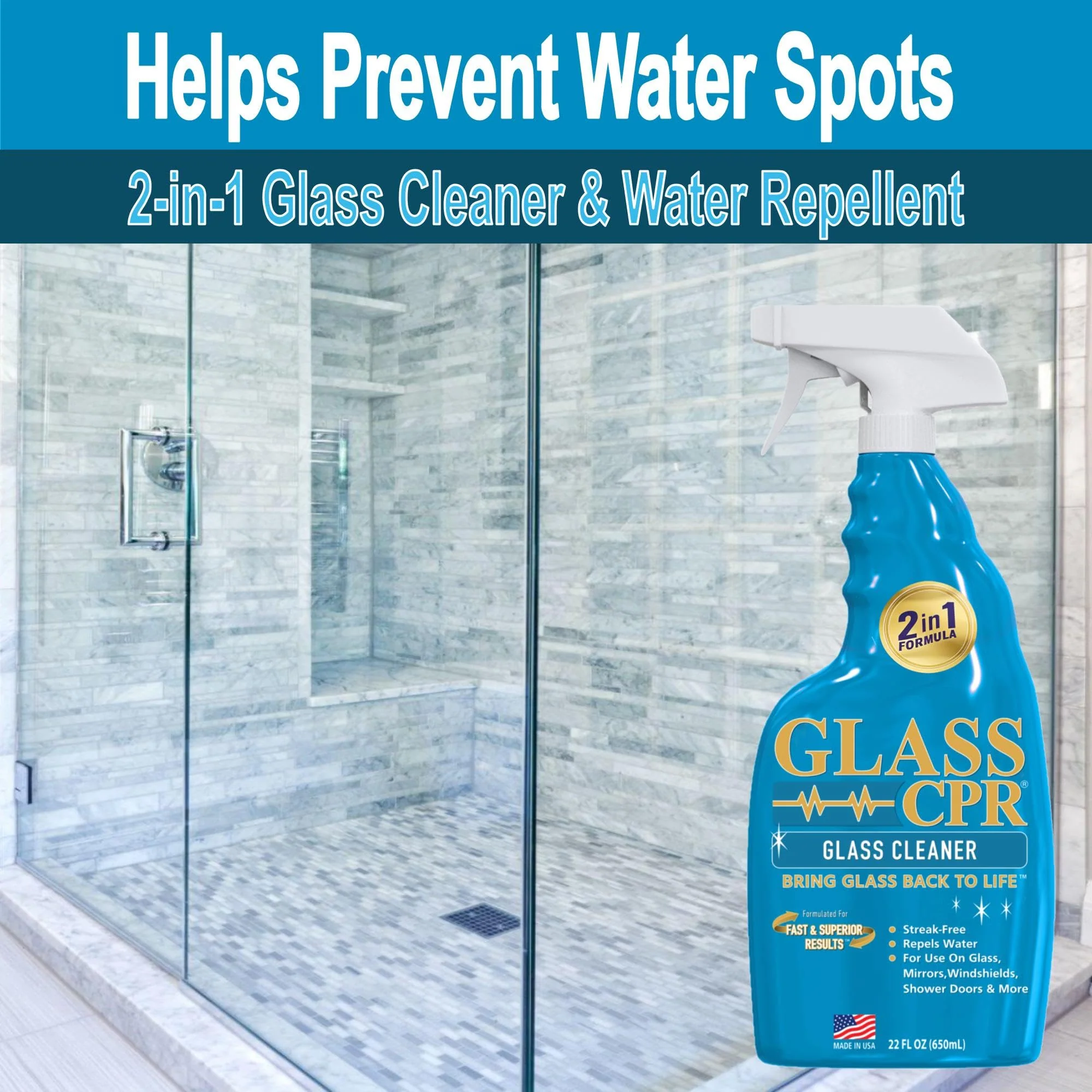 CPR Glass 2-in-1 Glass Cleaner & Water Repellent (22oz) + 2 Microfiber Applicator Towels | Deep Cleaning for Glass, Mirrors, Windows, Windshields, Shower Doors - Image 2