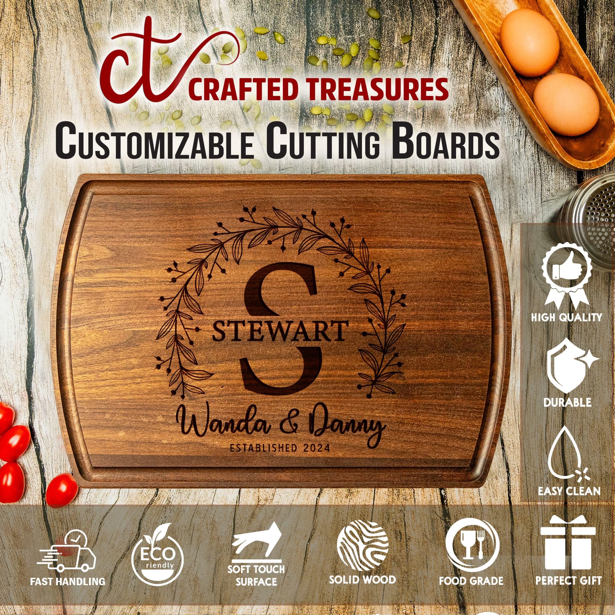 Crafted Custom Cutting Board - Personalized Cutting Board - Engraved Charcuterie Board - Wedding Gift for Couple - Best Present Idea for Bride, Bridal Shower, Anniversary, Christmas, & Housewarming - Image 4