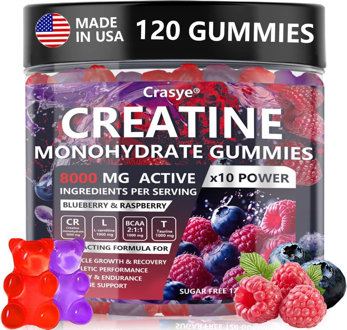 Crasye Creatine Gummies Complex 8000mg for Men and Women Creatine Monohydrate Gummy with BCAA Taurine for Muscle Strength and Energy Boost Sugar Free Pre-Workout Supplement - 120 Gummies