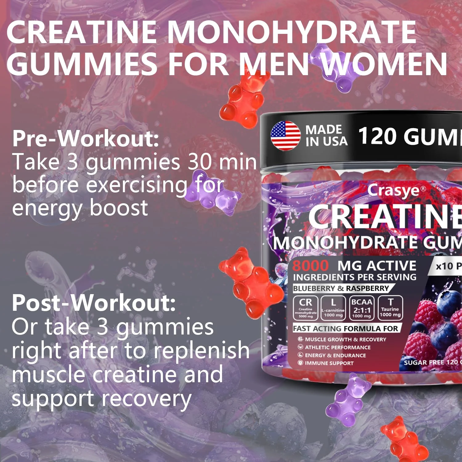 Crasye Creatine Gummies Complex 8000mg for Men and Women Creatine Monohydrate Gummy with BCAA Taurine for Muscle Strength and Energy Boost Sugar Free Pre-Workout Supplement - 120 Gummies - Image 2